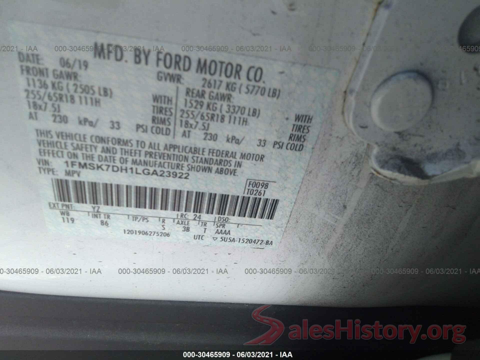 1FMSK7DH1LGA23922 2020 FORD EXPLORER