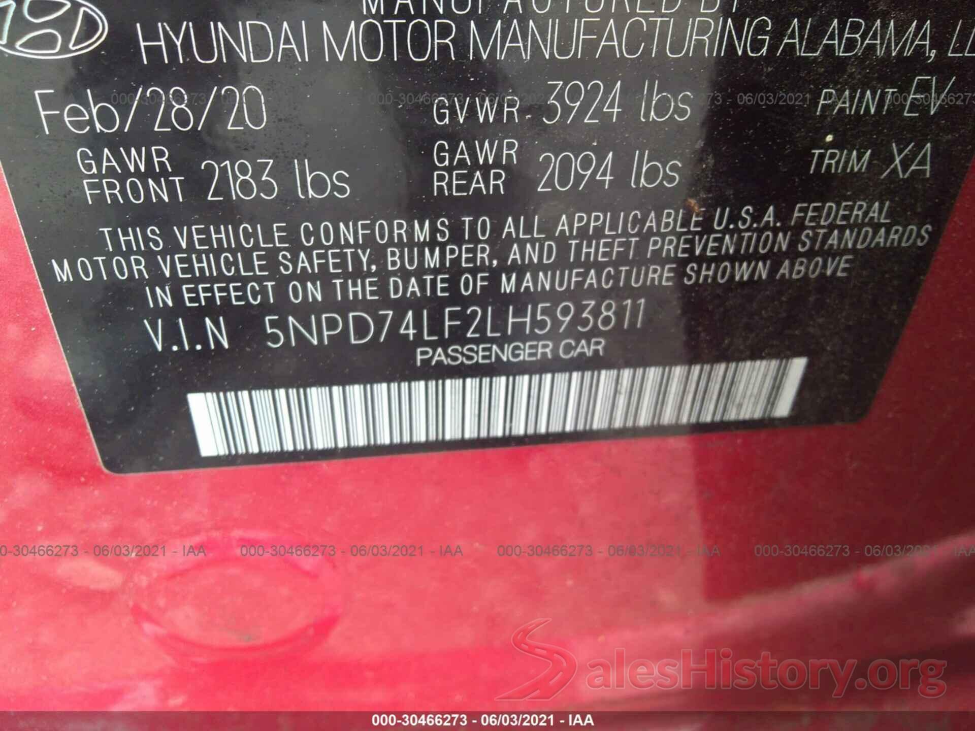 5NPD74LF2LH593811 2020 HYUNDAI ELANTRA