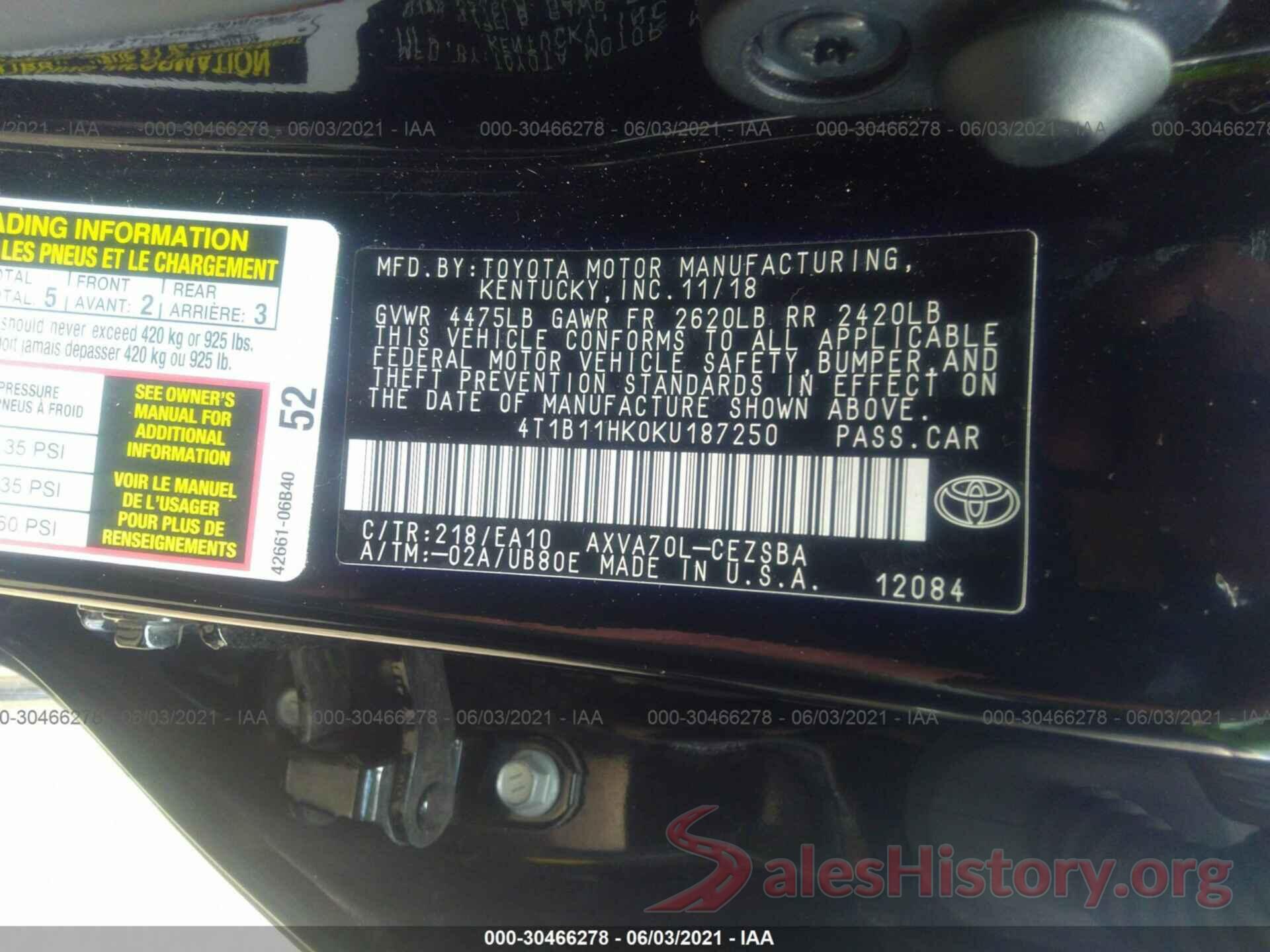 4T1B11HK0KU187250 2019 TOYOTA CAMRY