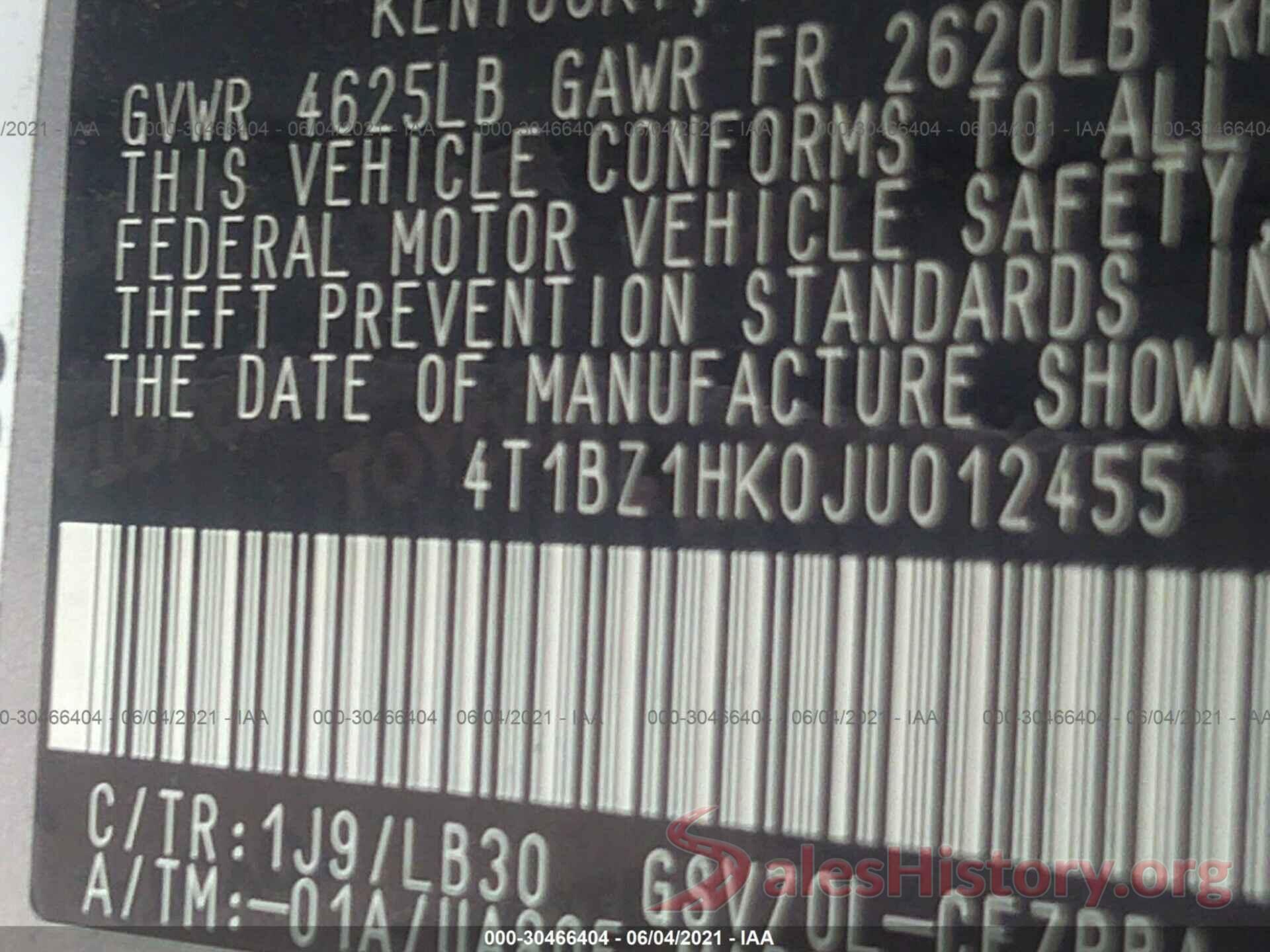 4T1BZ1HK0JU012455 2018 TOYOTA CAMRY