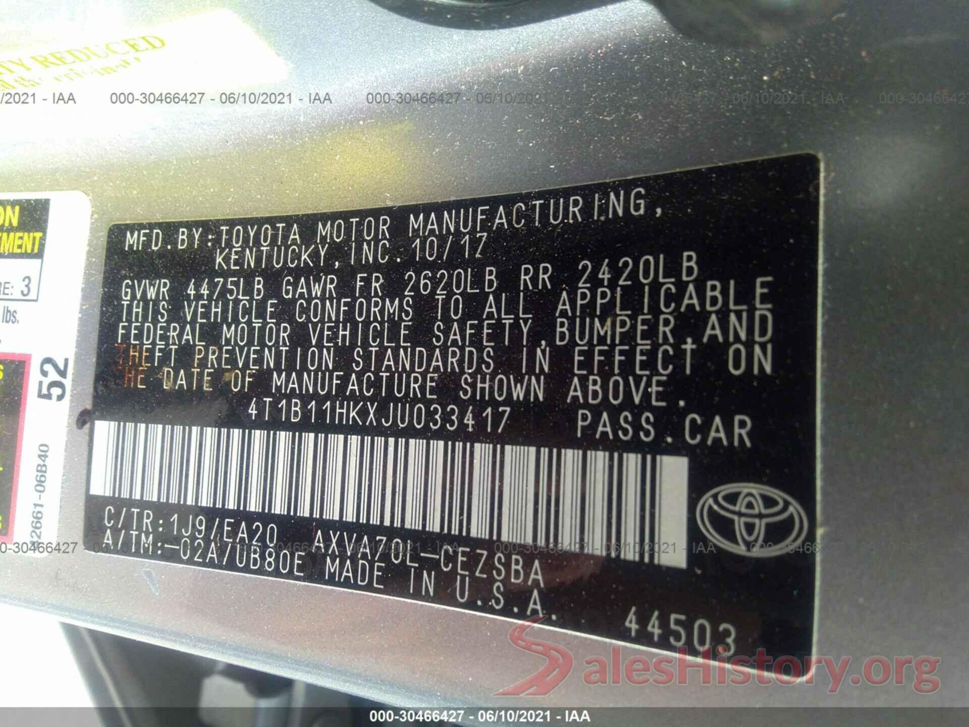 4T1B11HKXJU033417 2018 TOYOTA CAMRY