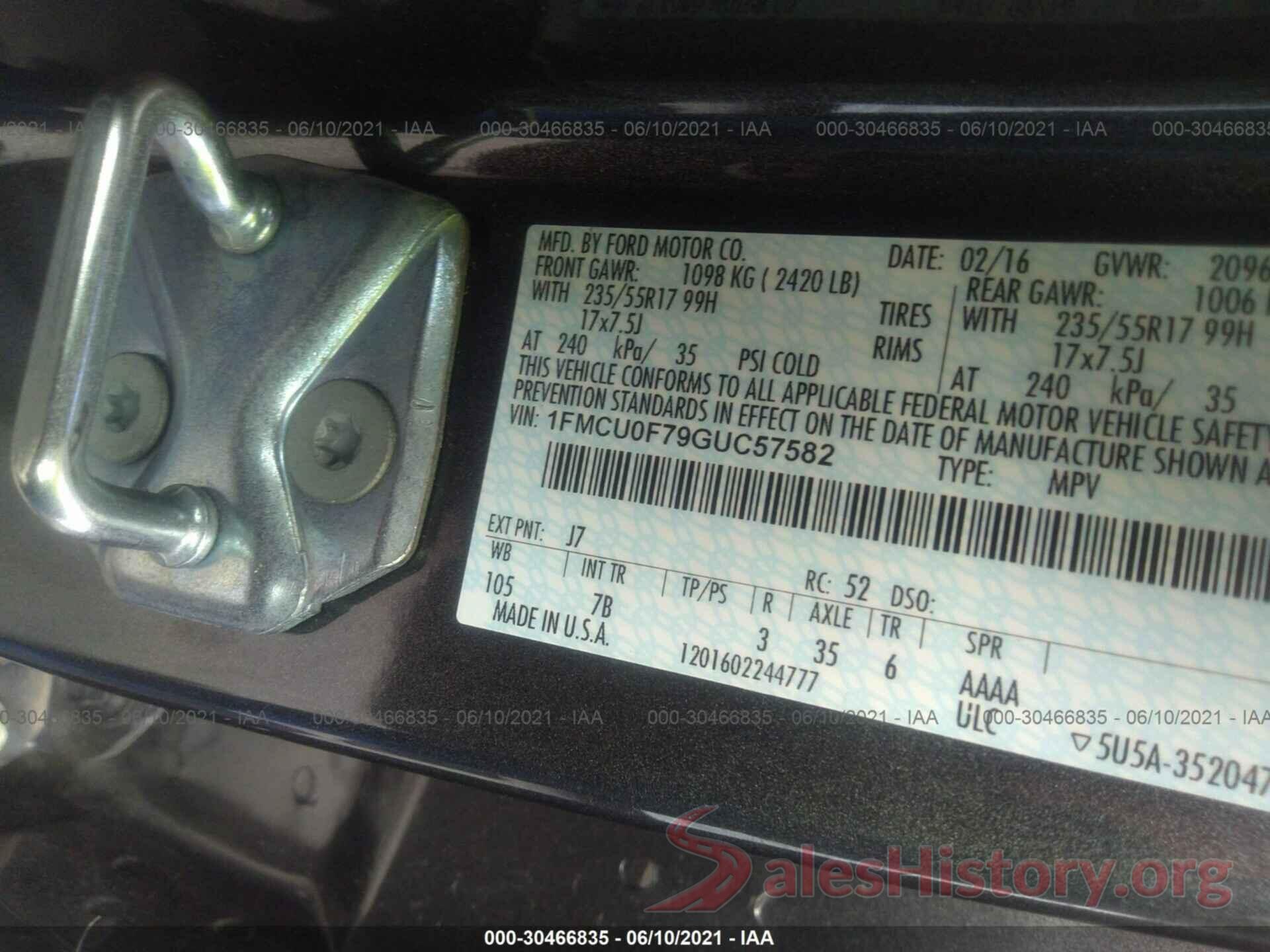 1FMCU0F79GUC57582 2016 FORD ESCAPE