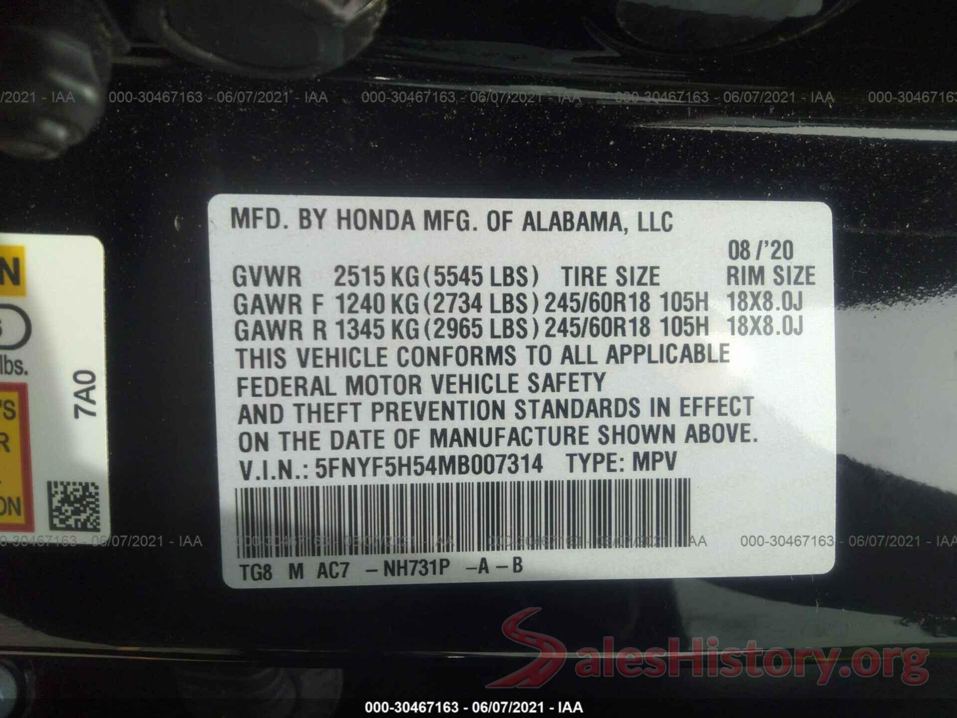 5FNYF5H54MB007314 2021 HONDA PILOT