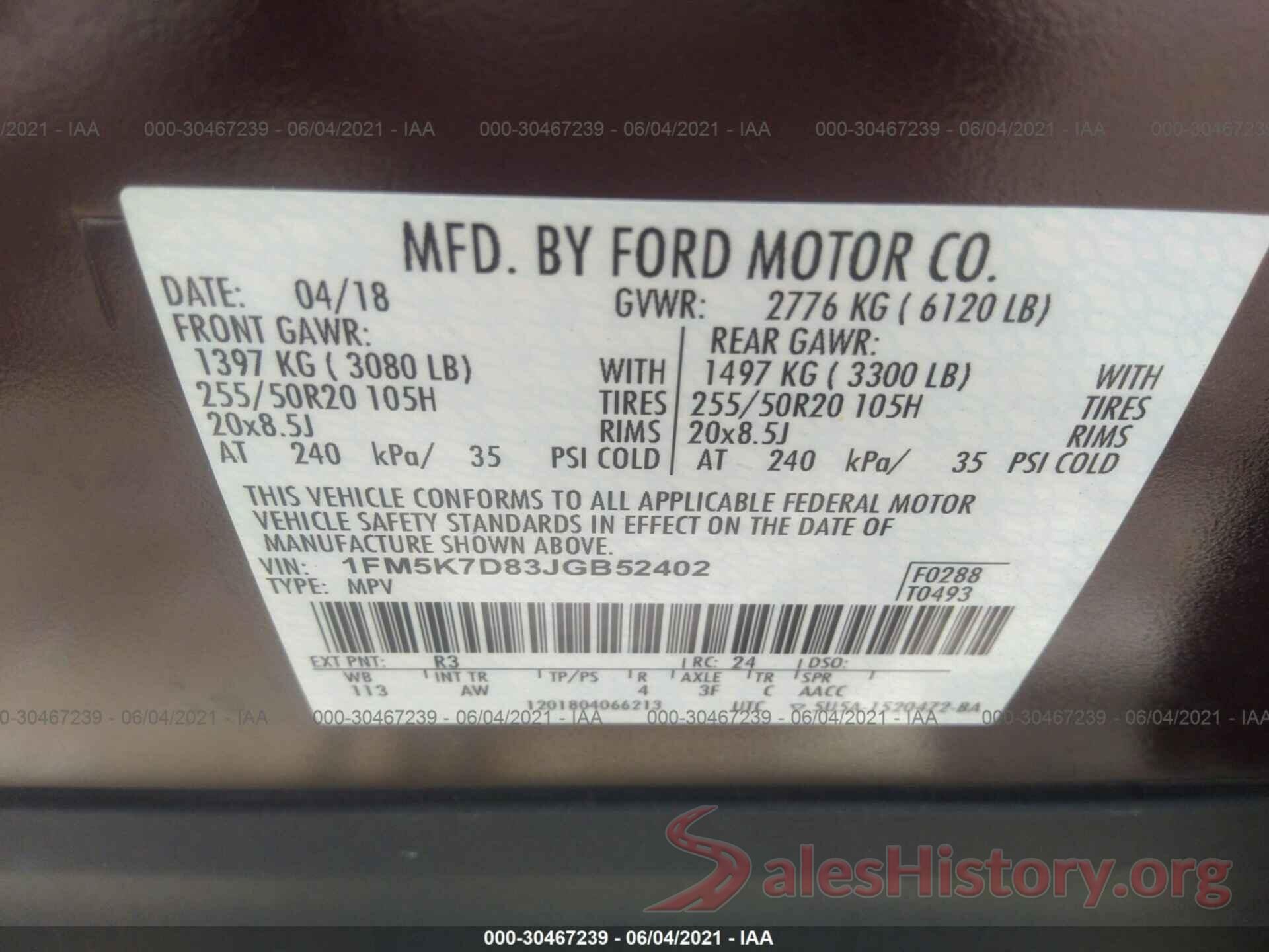 1FM5K7D83JGB52402 2018 FORD EXPLORER