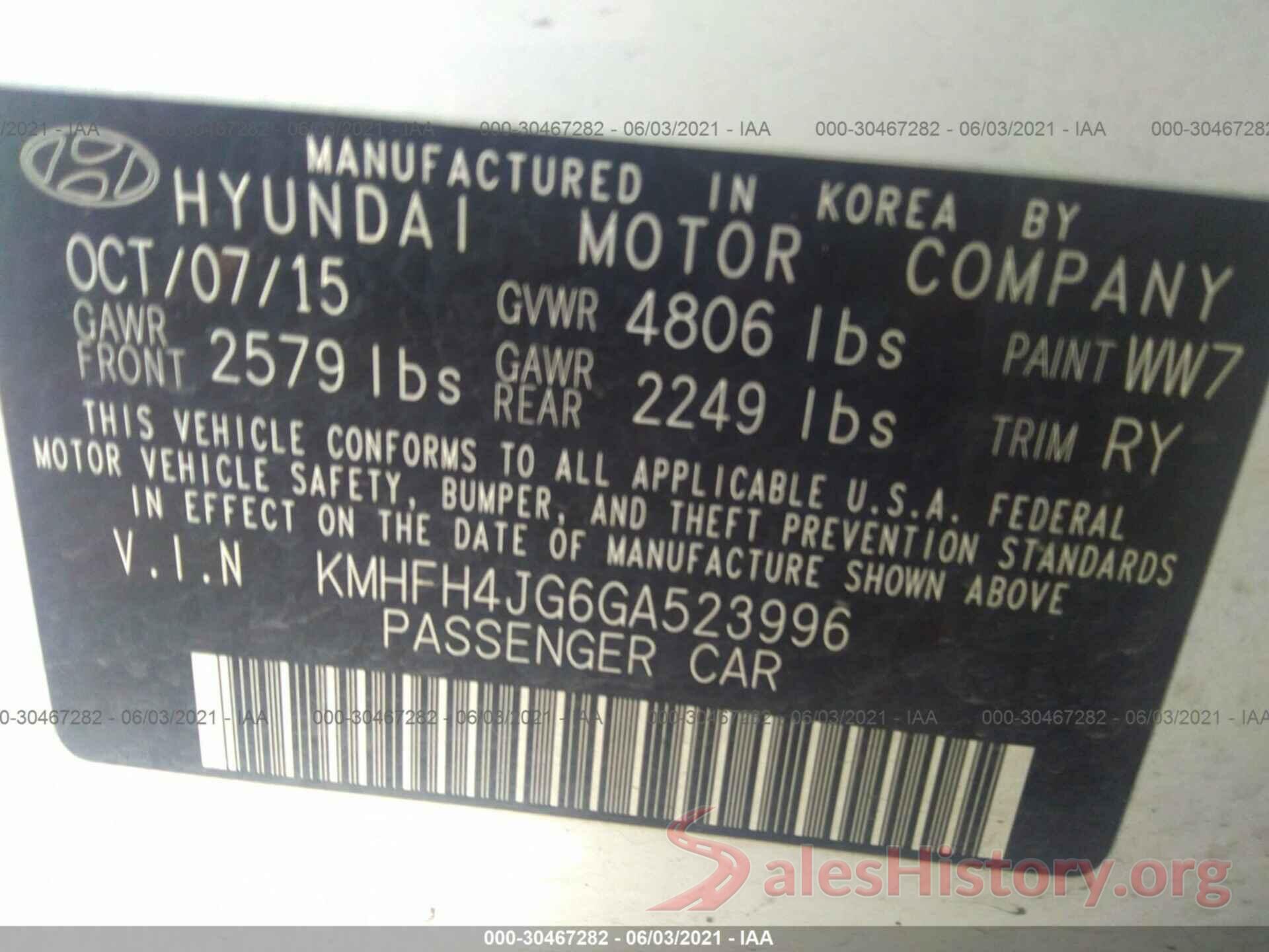 KMHFH4JG6GA523996 2016 HYUNDAI AZERA