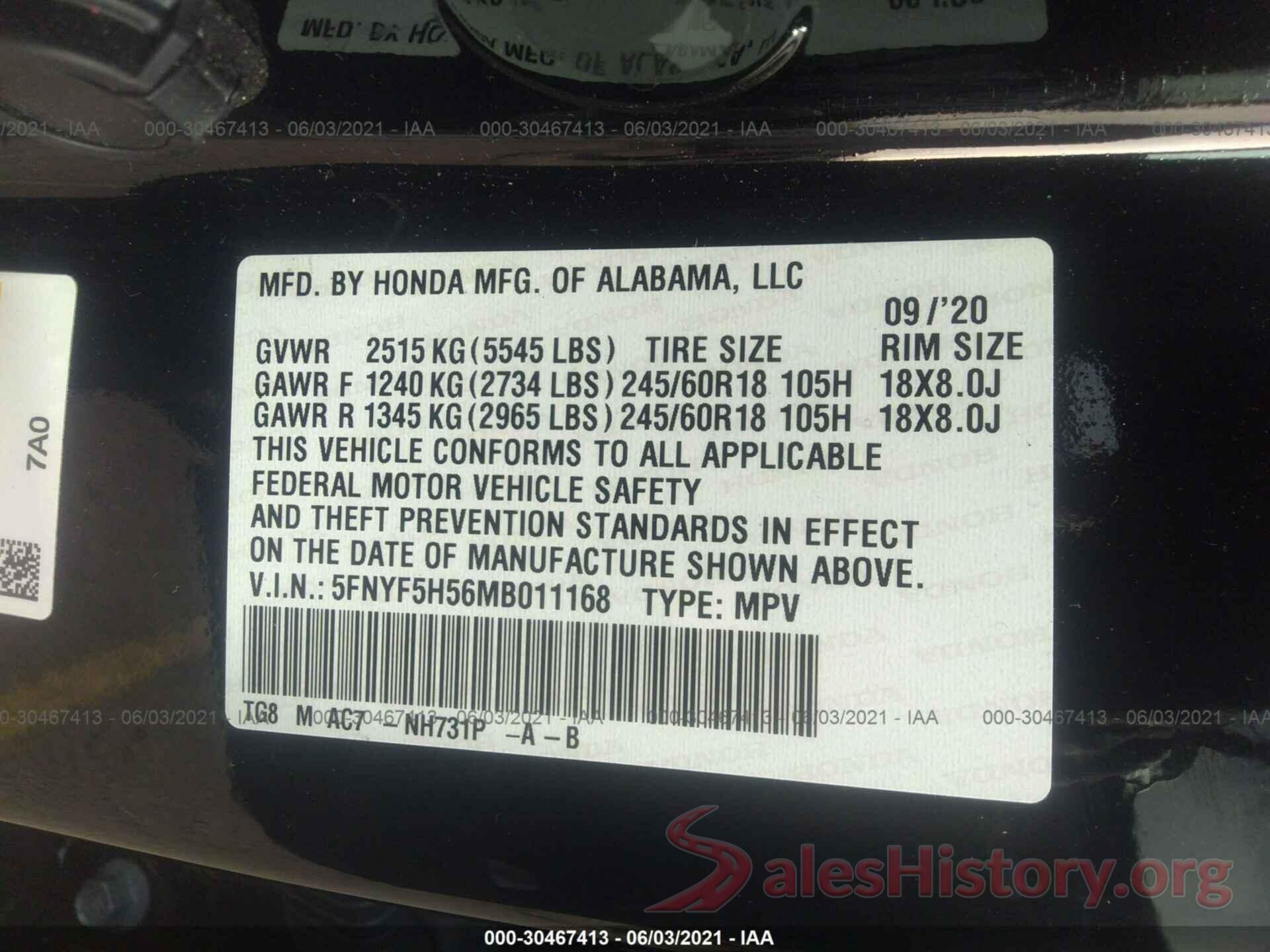 5FNYF5H56MB011168 2021 HONDA PILOT