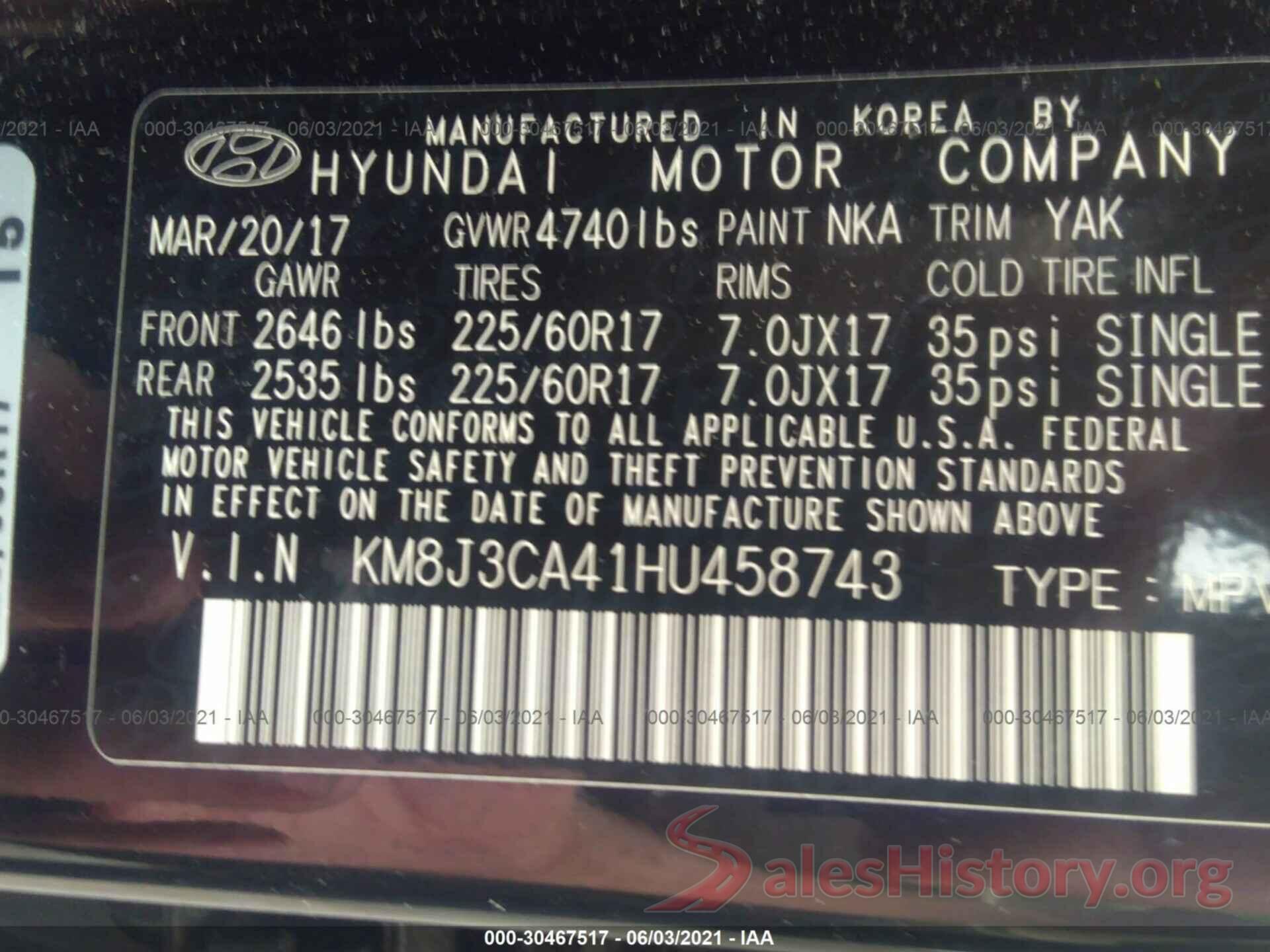 KM8J3CA41HU458743 2017 HYUNDAI TUCSON