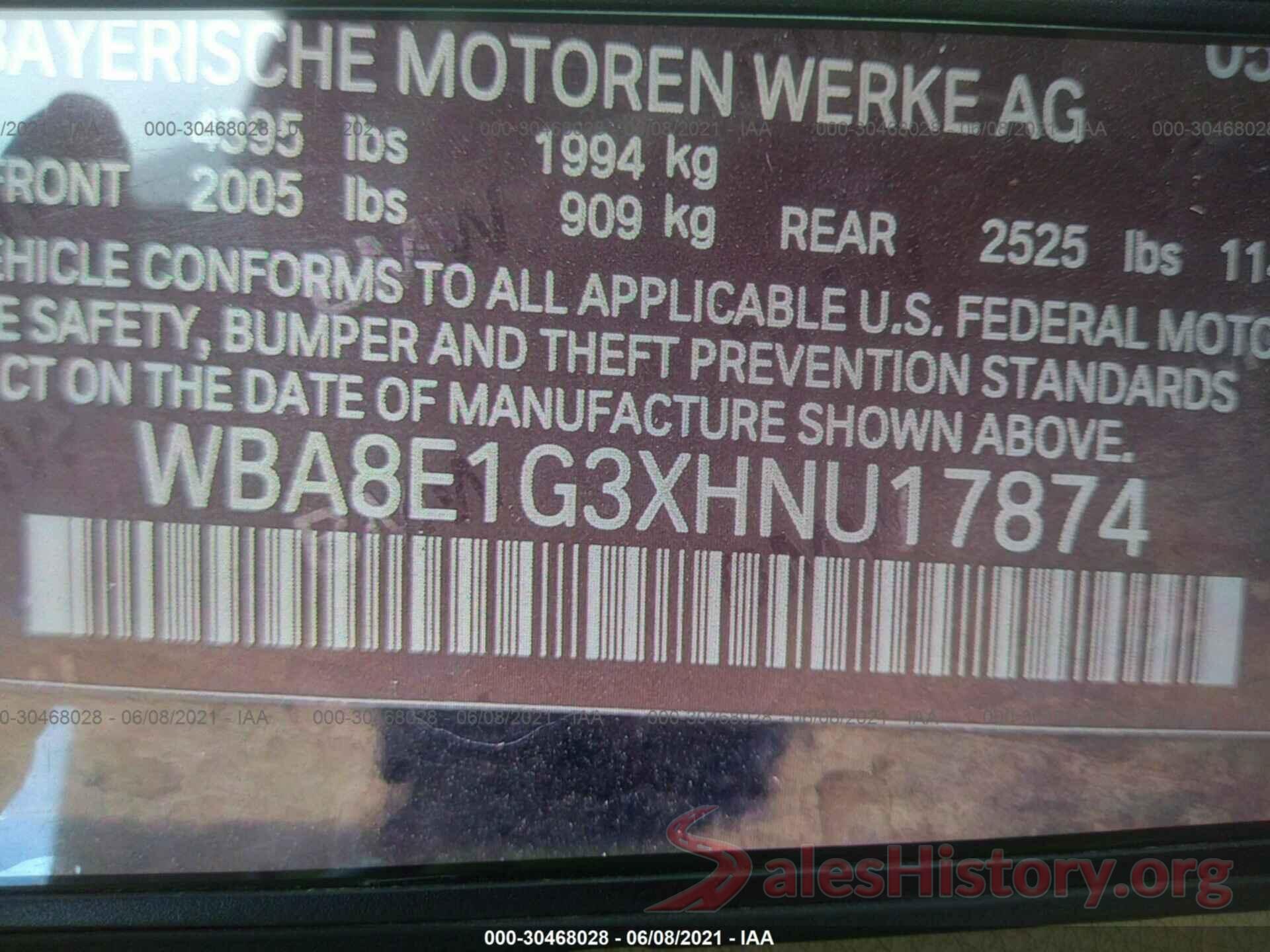 WBA8E1G3XHNU17874 2017 BMW 3 SERIES