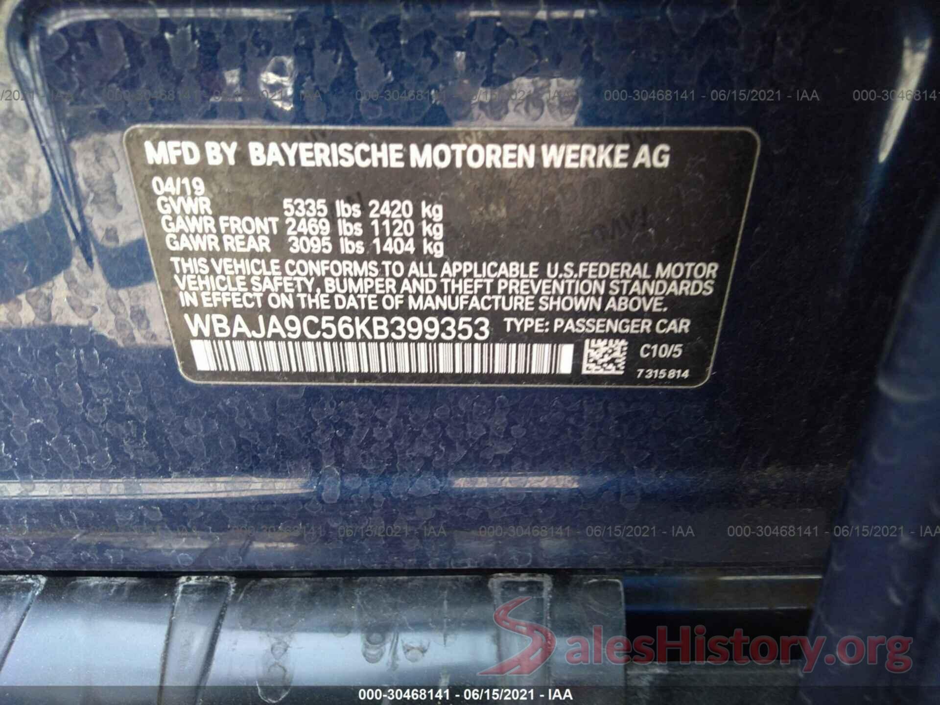 WBAJA9C56KB399353 2019 BMW 5 SERIES