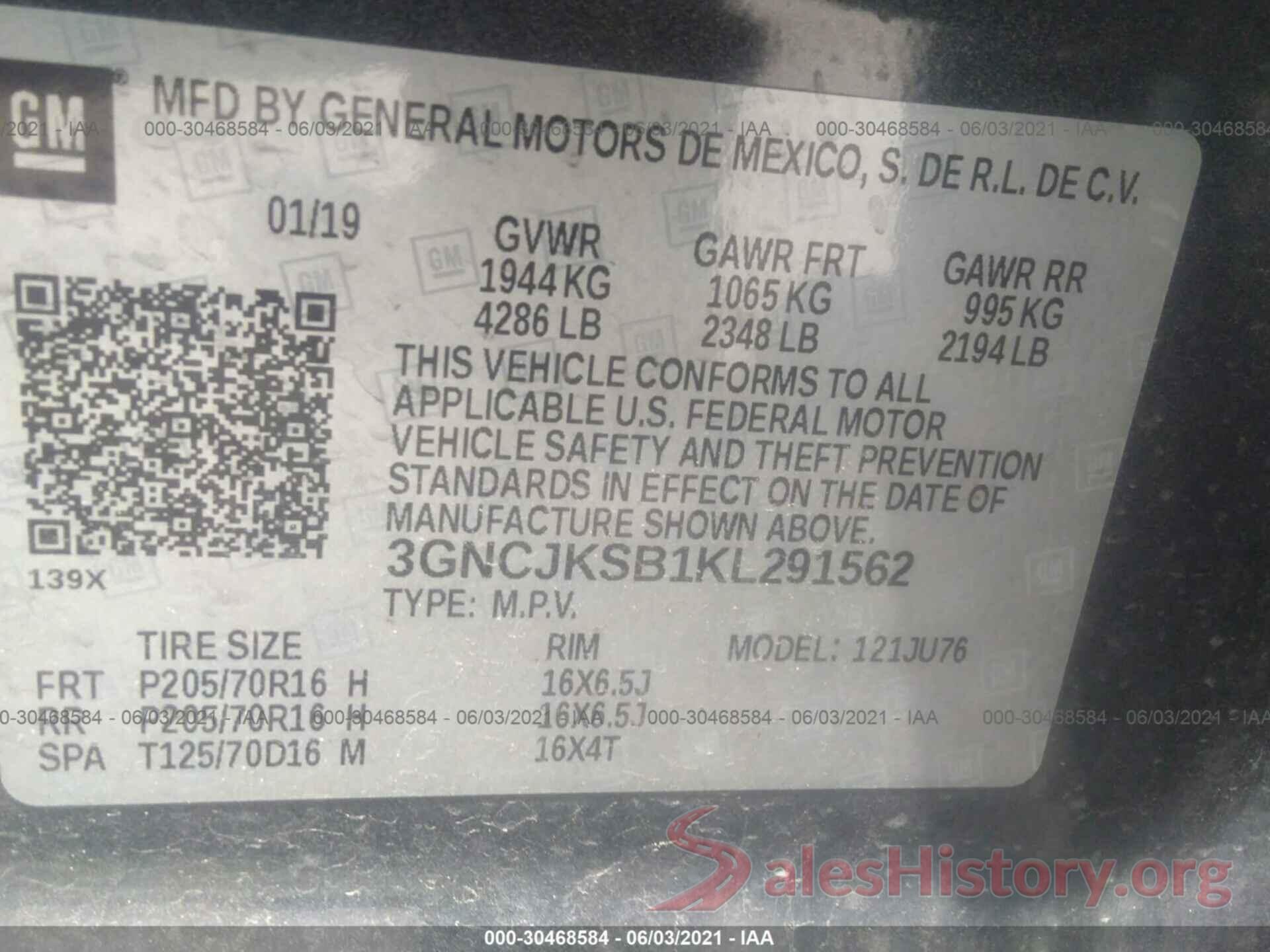 3GNCJKSB1KL291562 2019 CHEVROLET TRAX