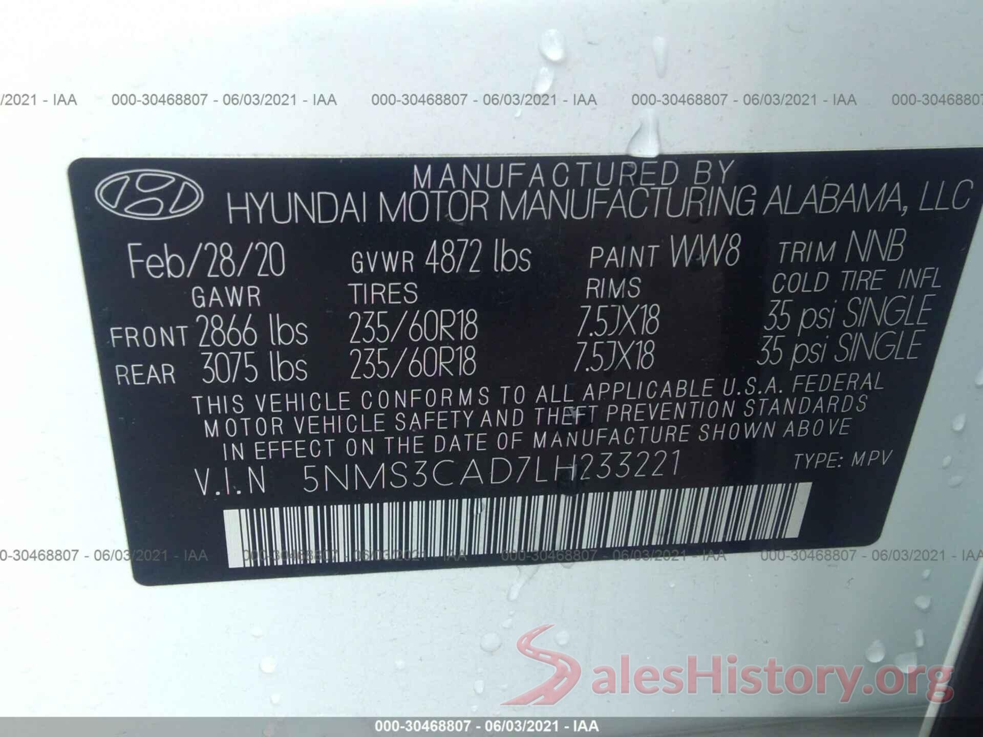 5NMS3CAD7LH233221 2020 HYUNDAI SANTA FE