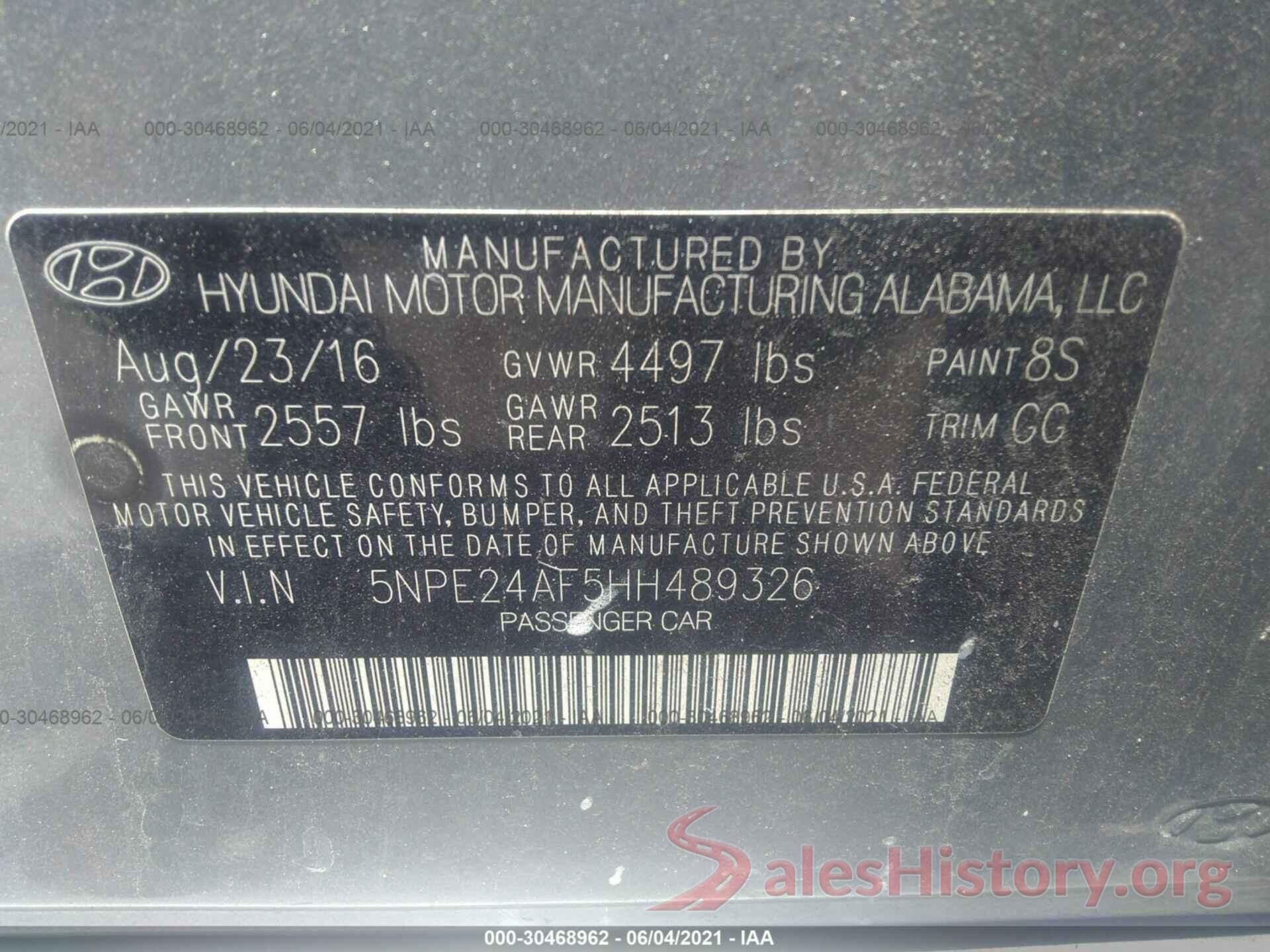 5NPE24AF5HH489326 2017 HYUNDAI SONATA