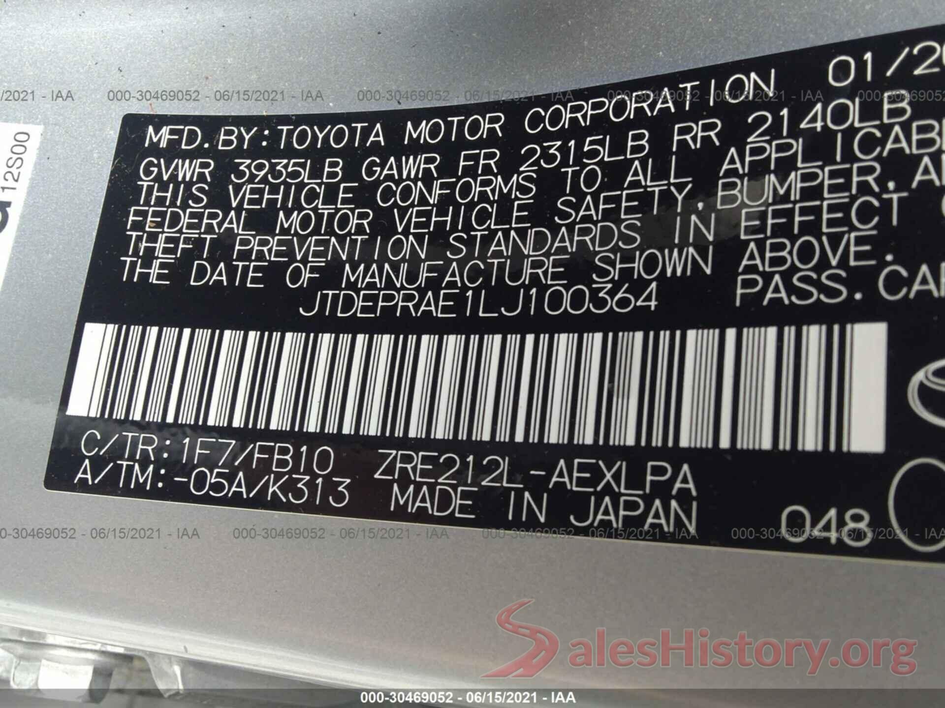 JTDEPRAE1LJ100364 2020 TOYOTA COROLLA