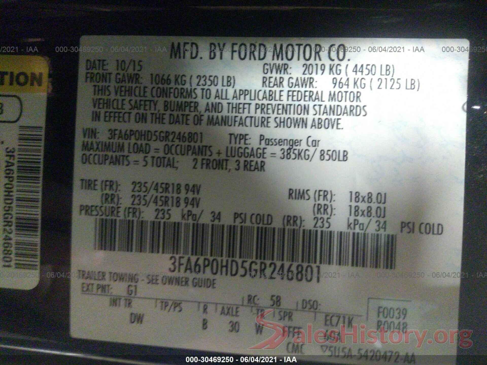 3FA6P0HD5GR246801 2016 FORD FUSION