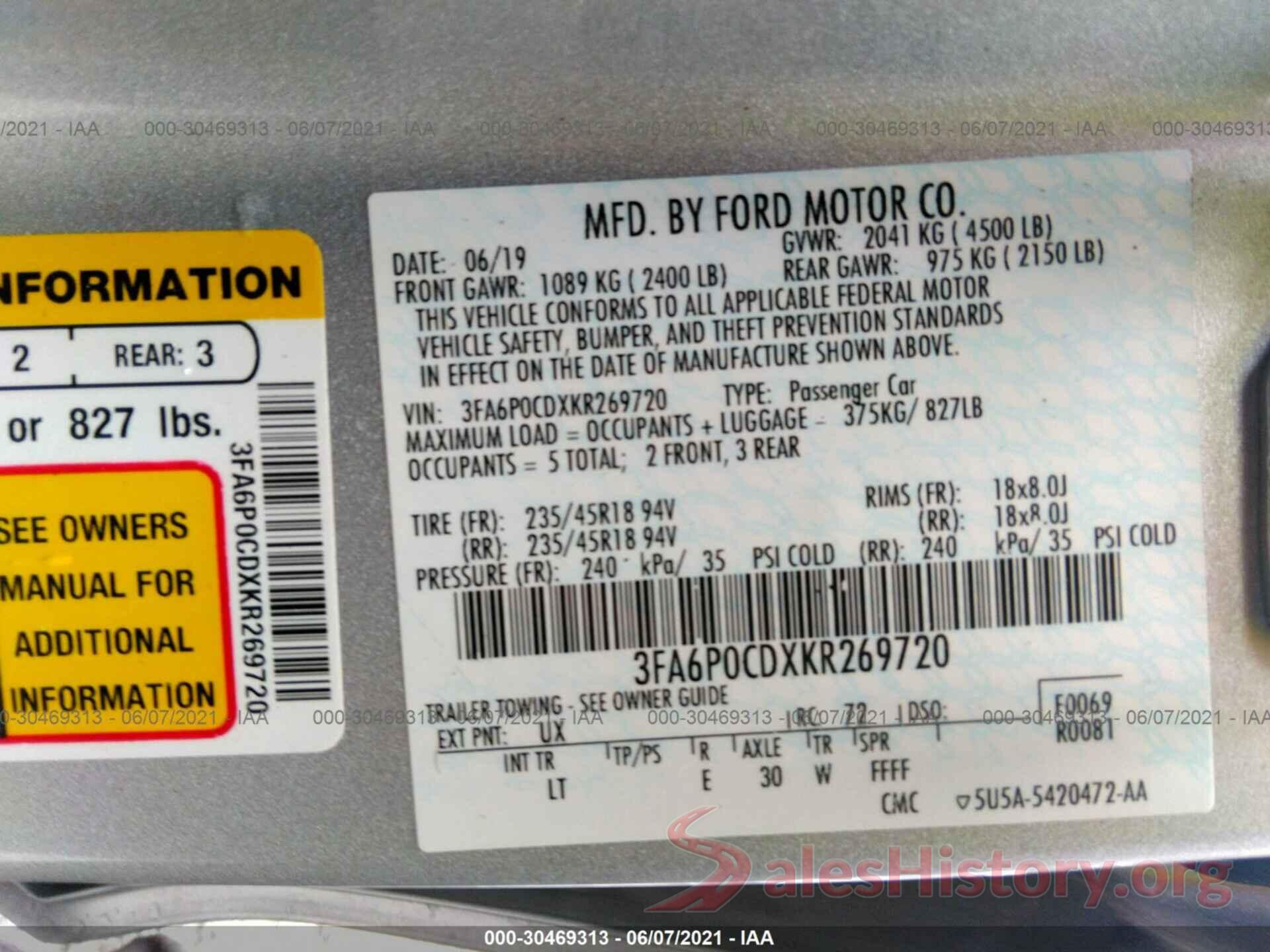 3FA6P0CDXKR269720 2019 FORD FUSION