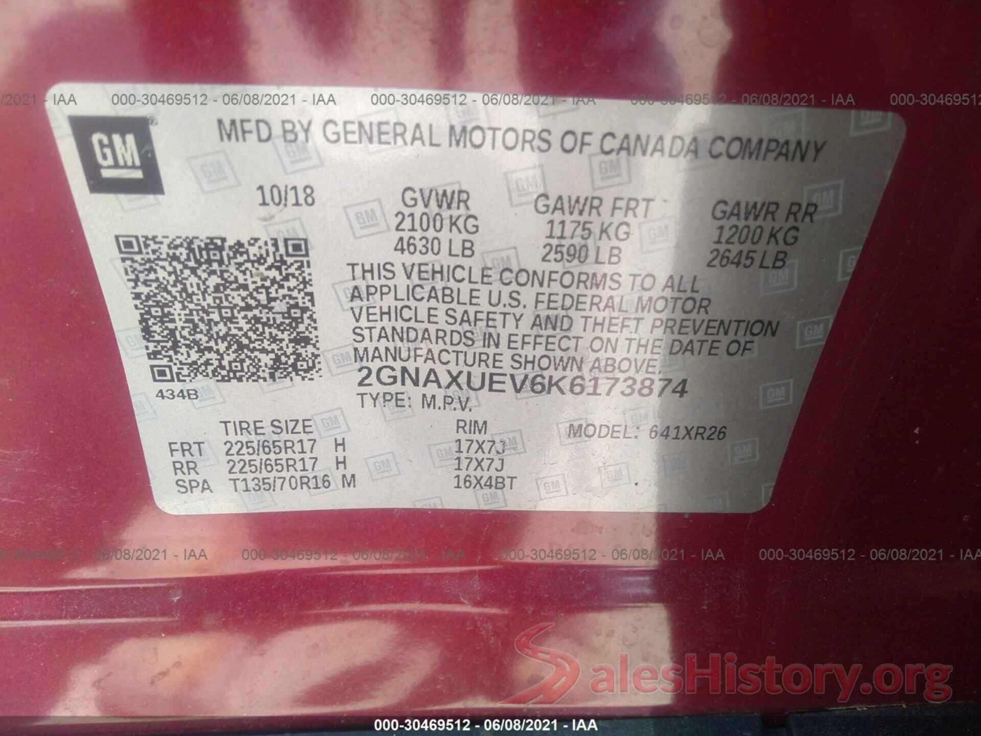 2GNAXUEV6K6173874 2019 CHEVROLET EQUINOX