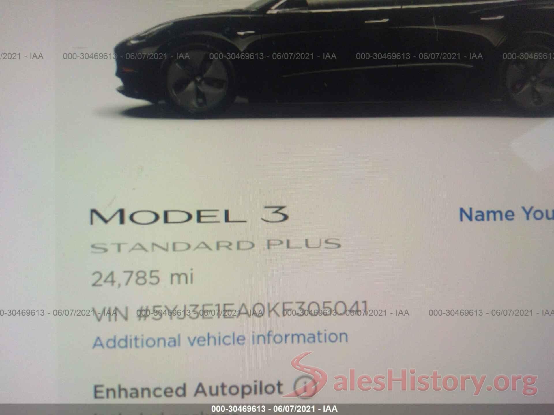 5YJ3E1EA0KF305041 2019 TESLA MODEL 3