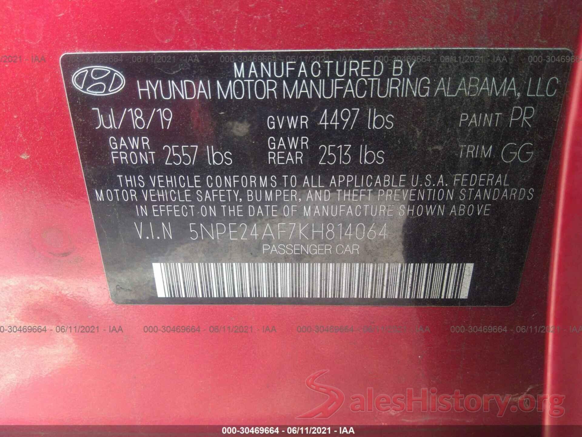 5NPE24AF7KH814064 2019 HYUNDAI SONATA