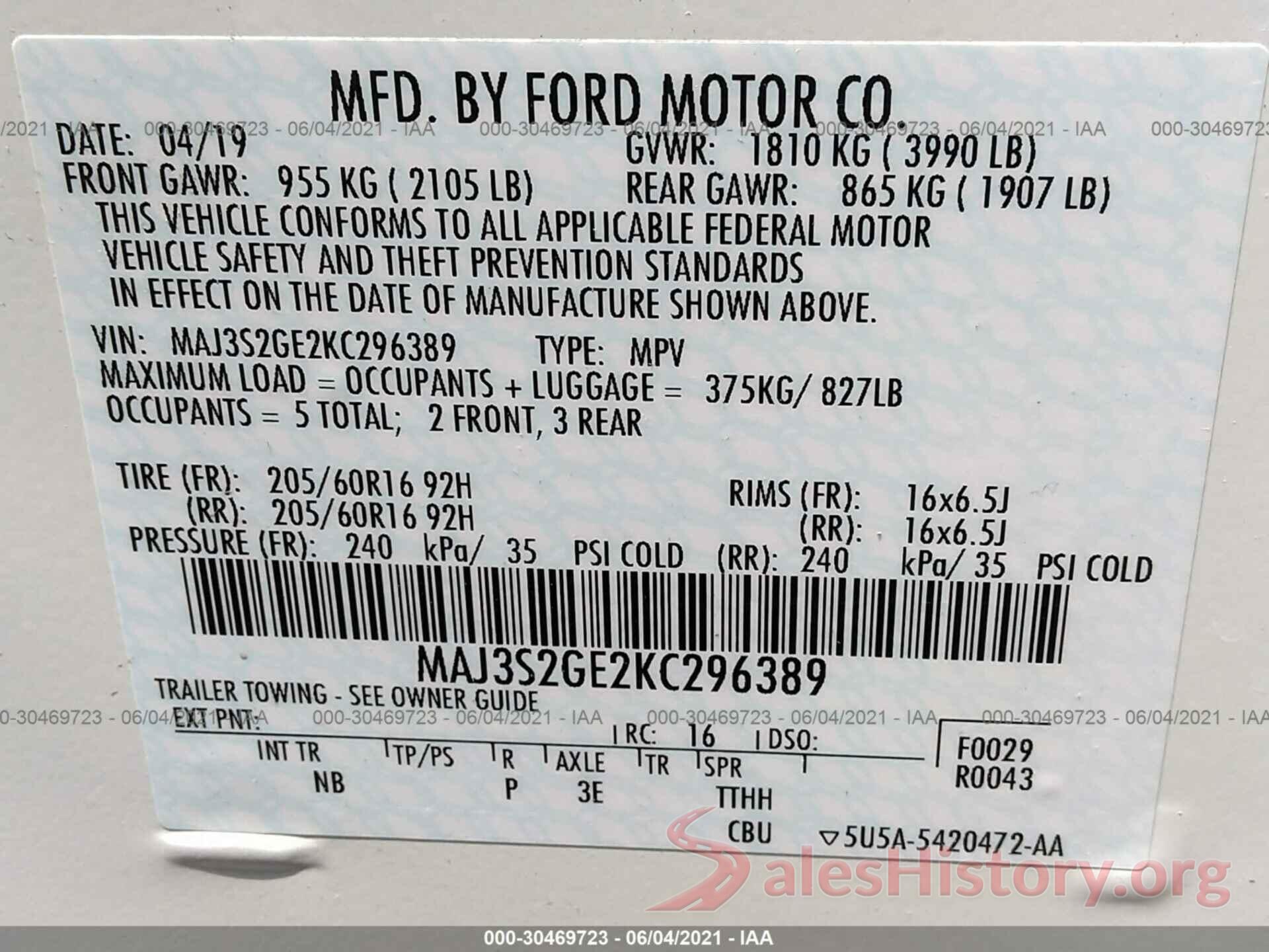 MAJ3S2GE2KC296389 2019 FORD ECOSPORT