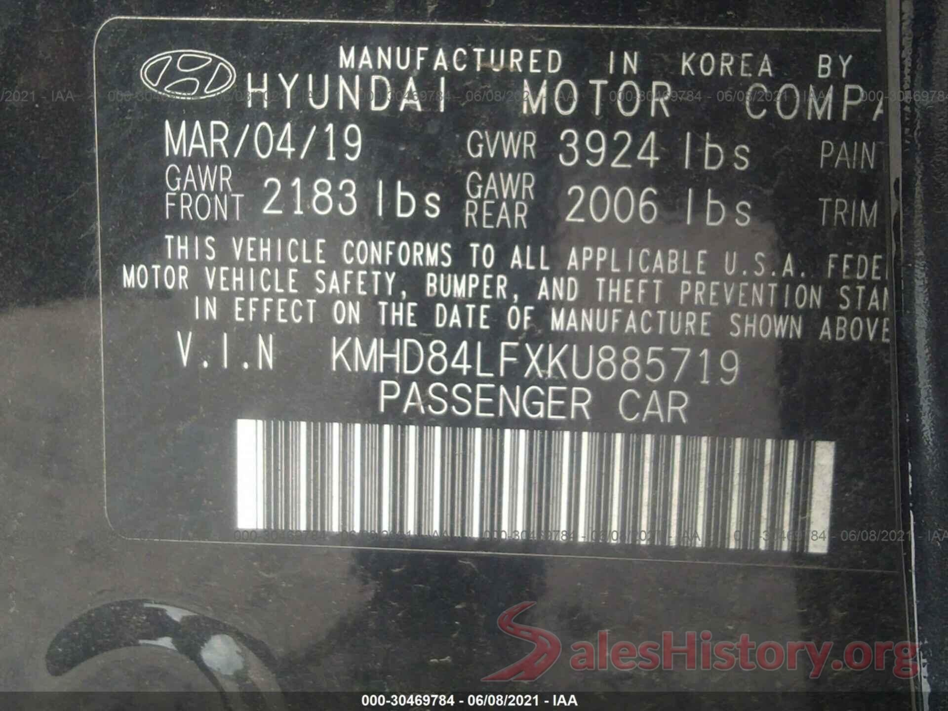 KMHD84LFXKU885719 2019 HYUNDAI ELANTRA