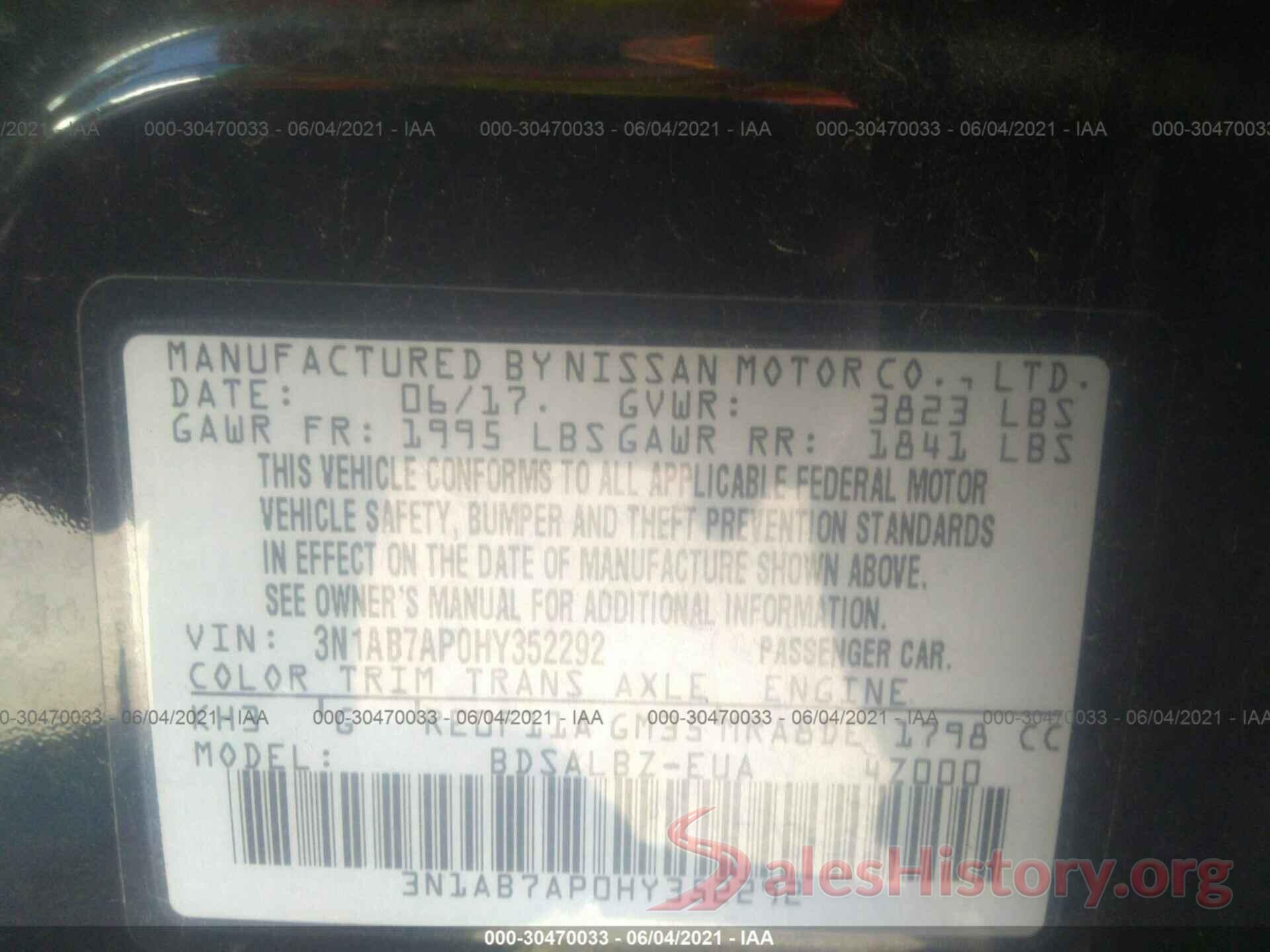 3N1AB7AP0HY352292 2017 NISSAN SENTRA