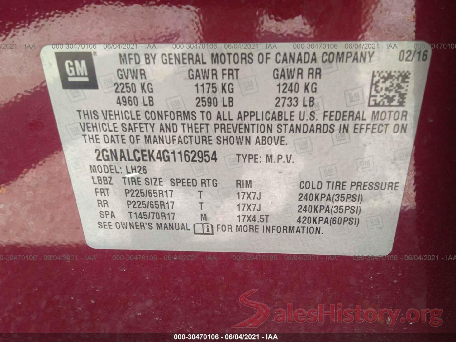 2GNALCEK4G1162954 2016 CHEVROLET EQUINOX