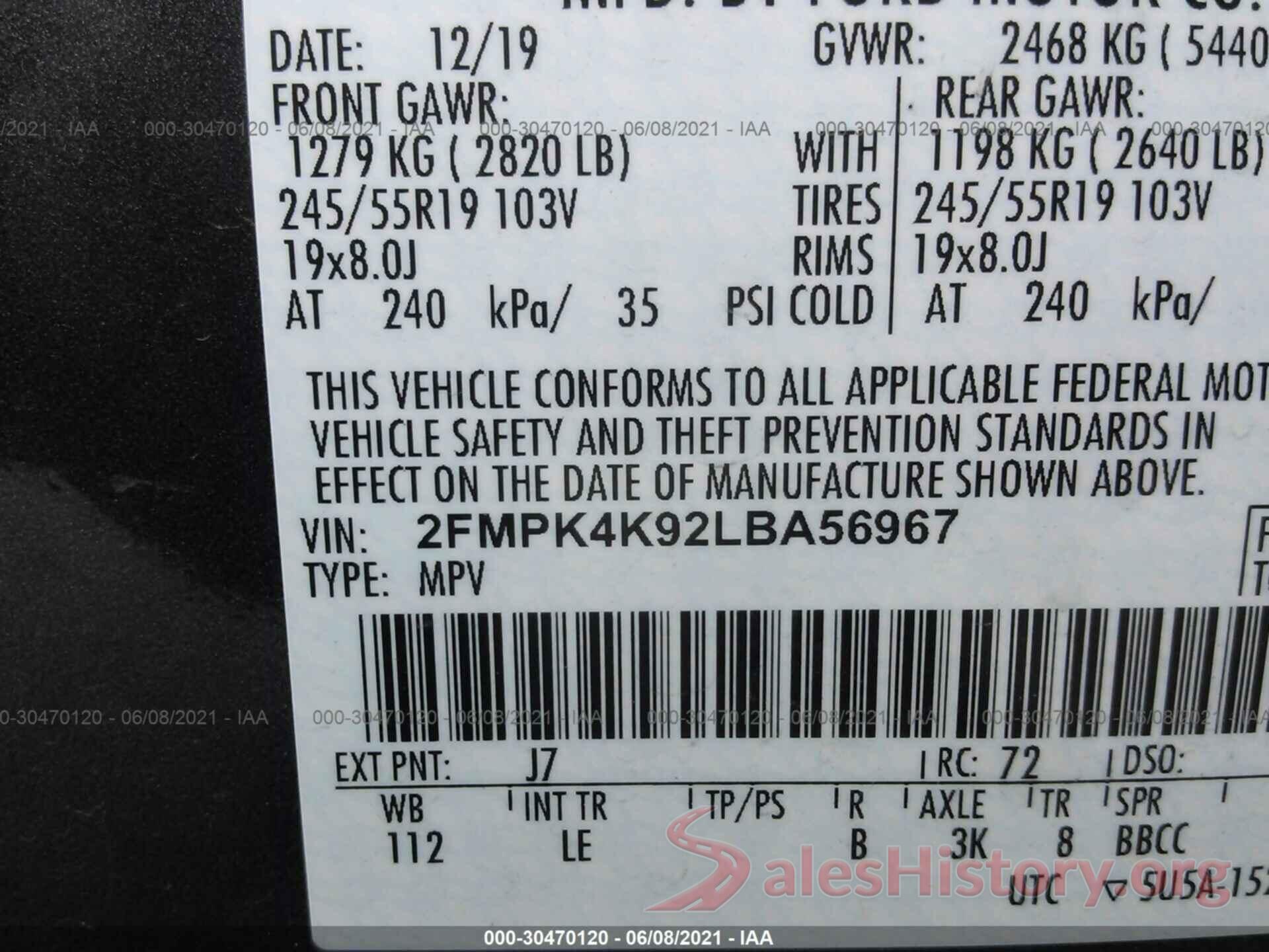 2FMPK4K92LBA56967 2020 FORD EDGE