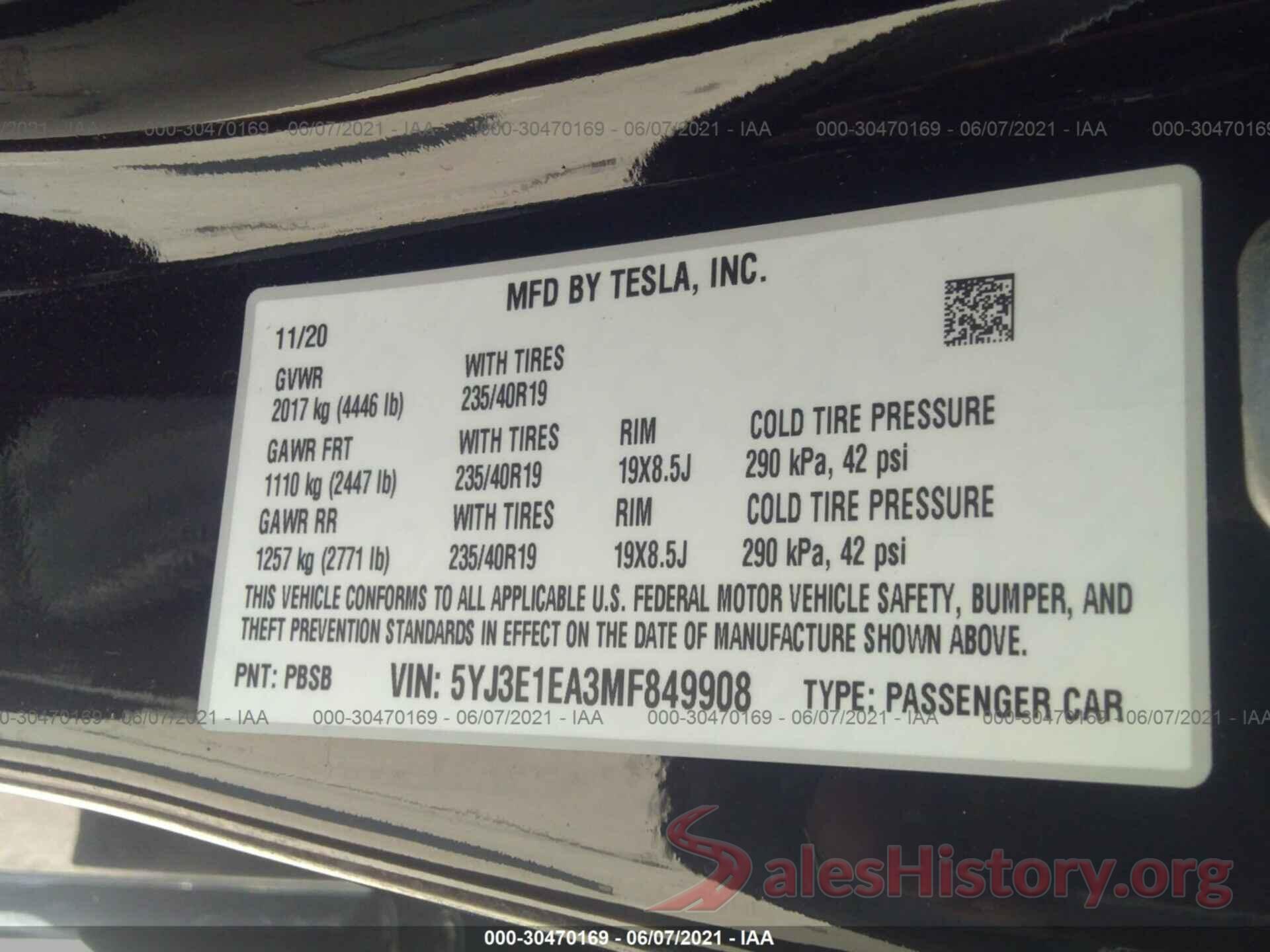 5YJ3E1EA3MF849908 2021 TESLA MODEL 3