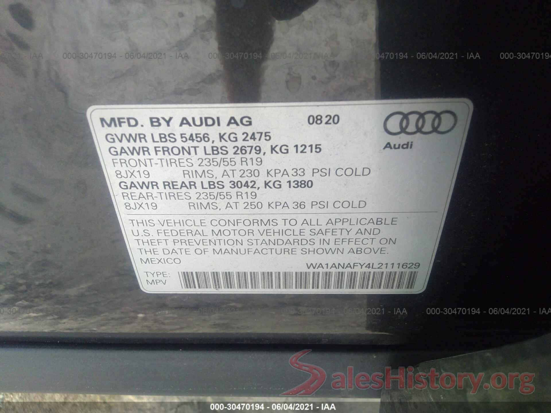 WA1ANAFY4L2111629 2020 AUDI Q5