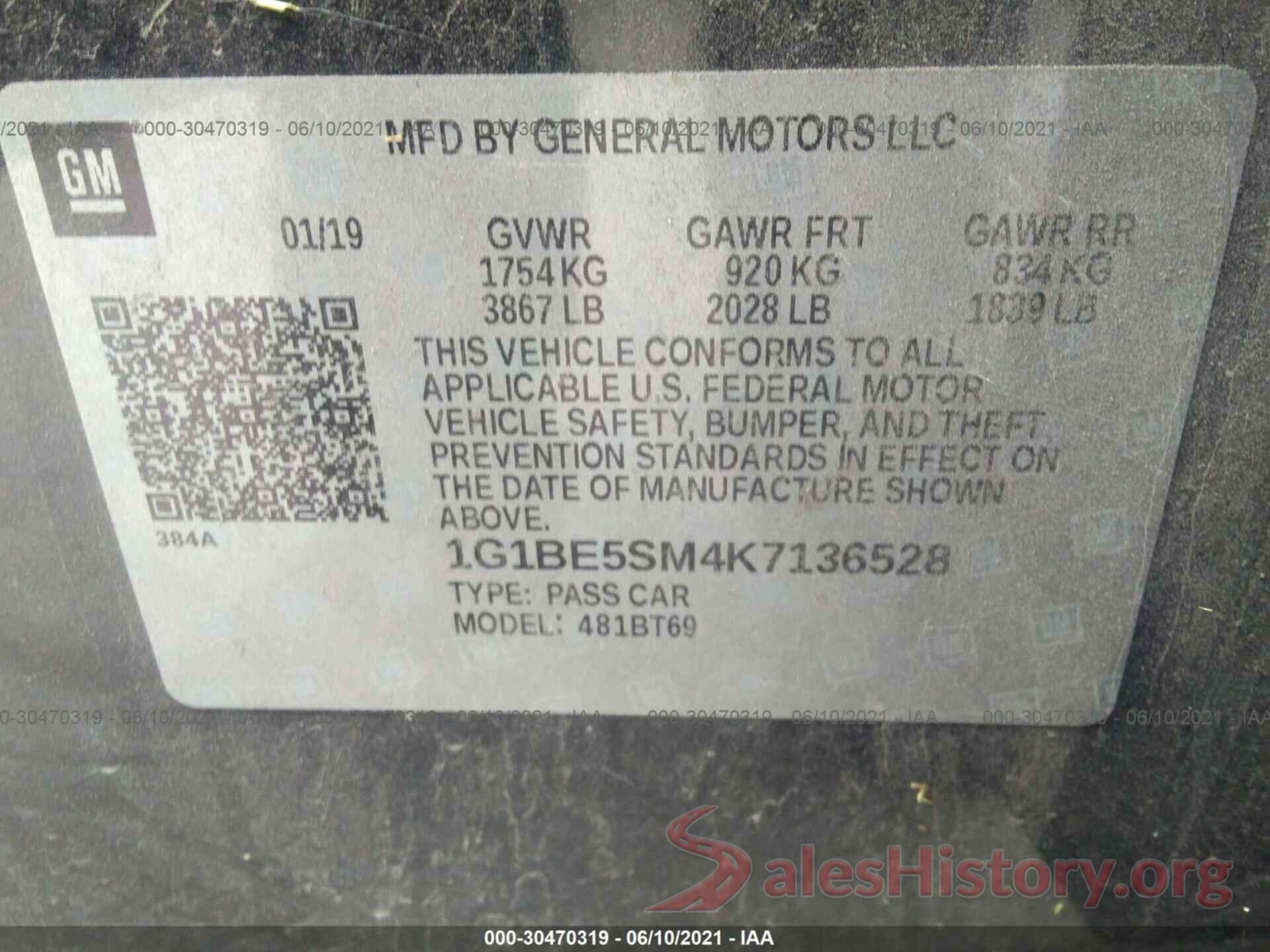 1G1BE5SM4K7136528 2019 CHEVROLET CRUZE