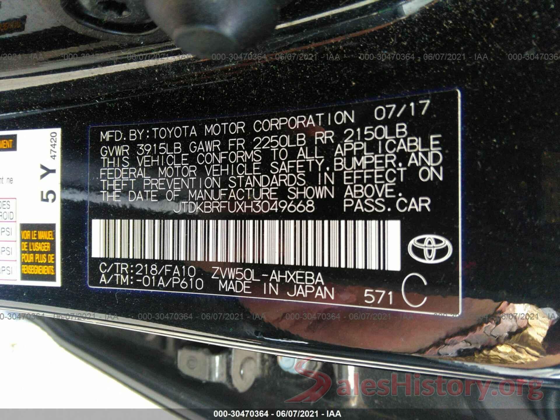 JTDKBRFUXH3049668 2017 TOYOTA PRIUS