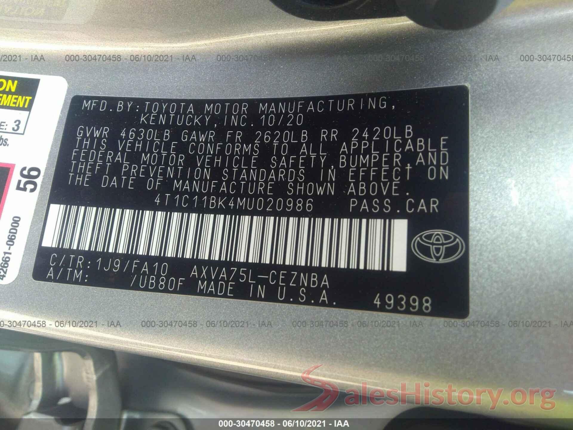 4T1C11BK4MU020986 2021 TOYOTA CAMRY