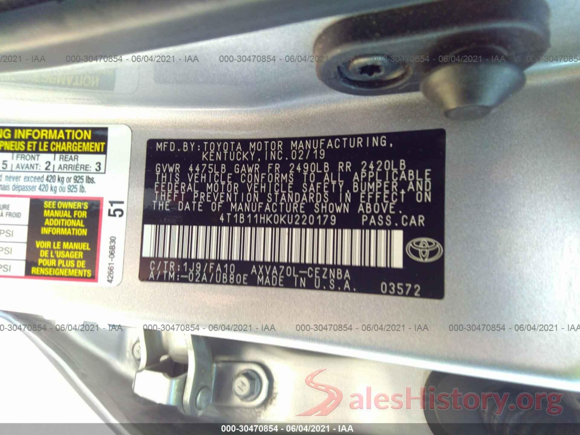 4T1B11HK0KU220179 2019 TOYOTA CAMRY