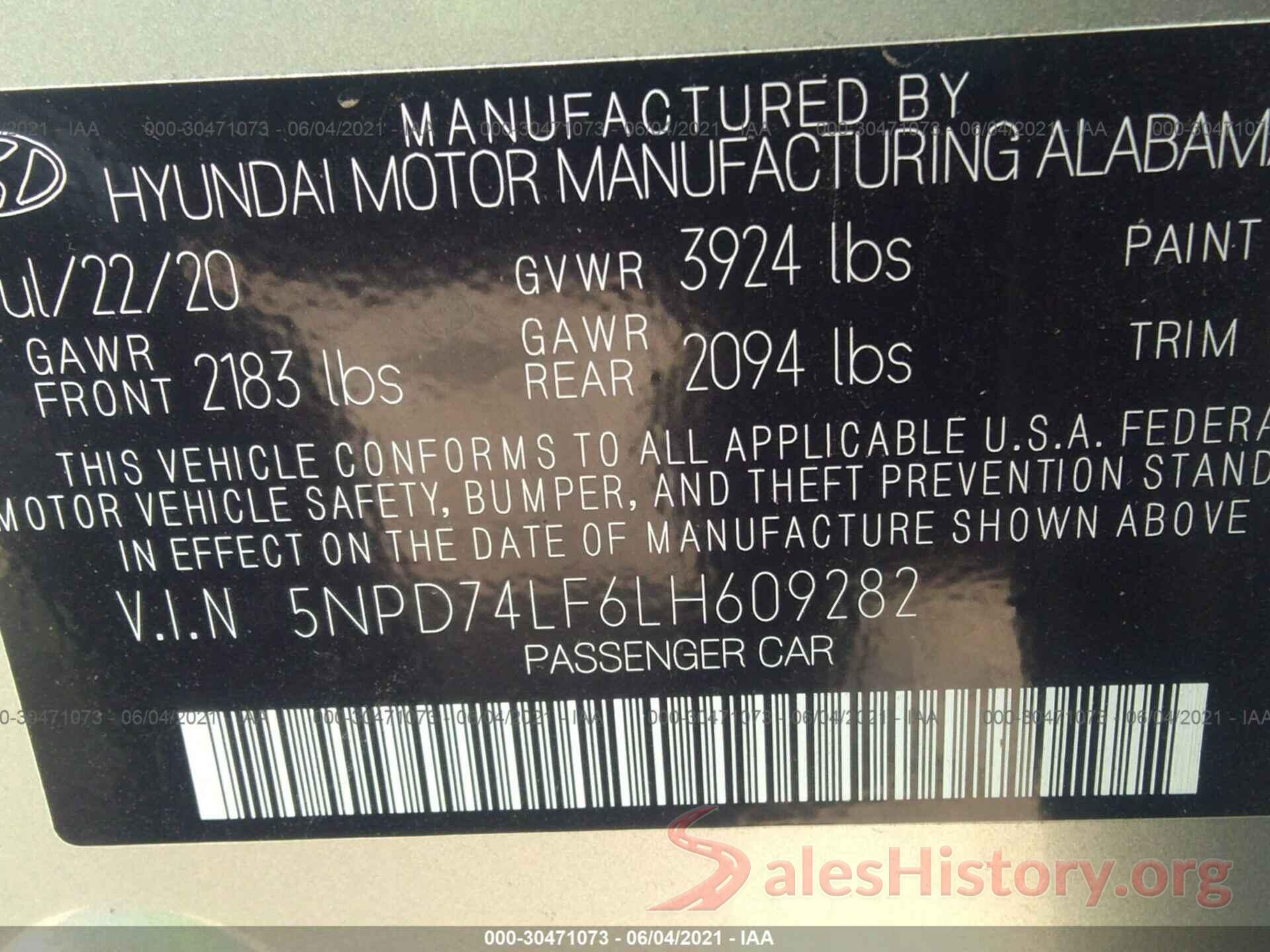 5NPD74LF6LH609282 2020 HYUNDAI ELANTRA