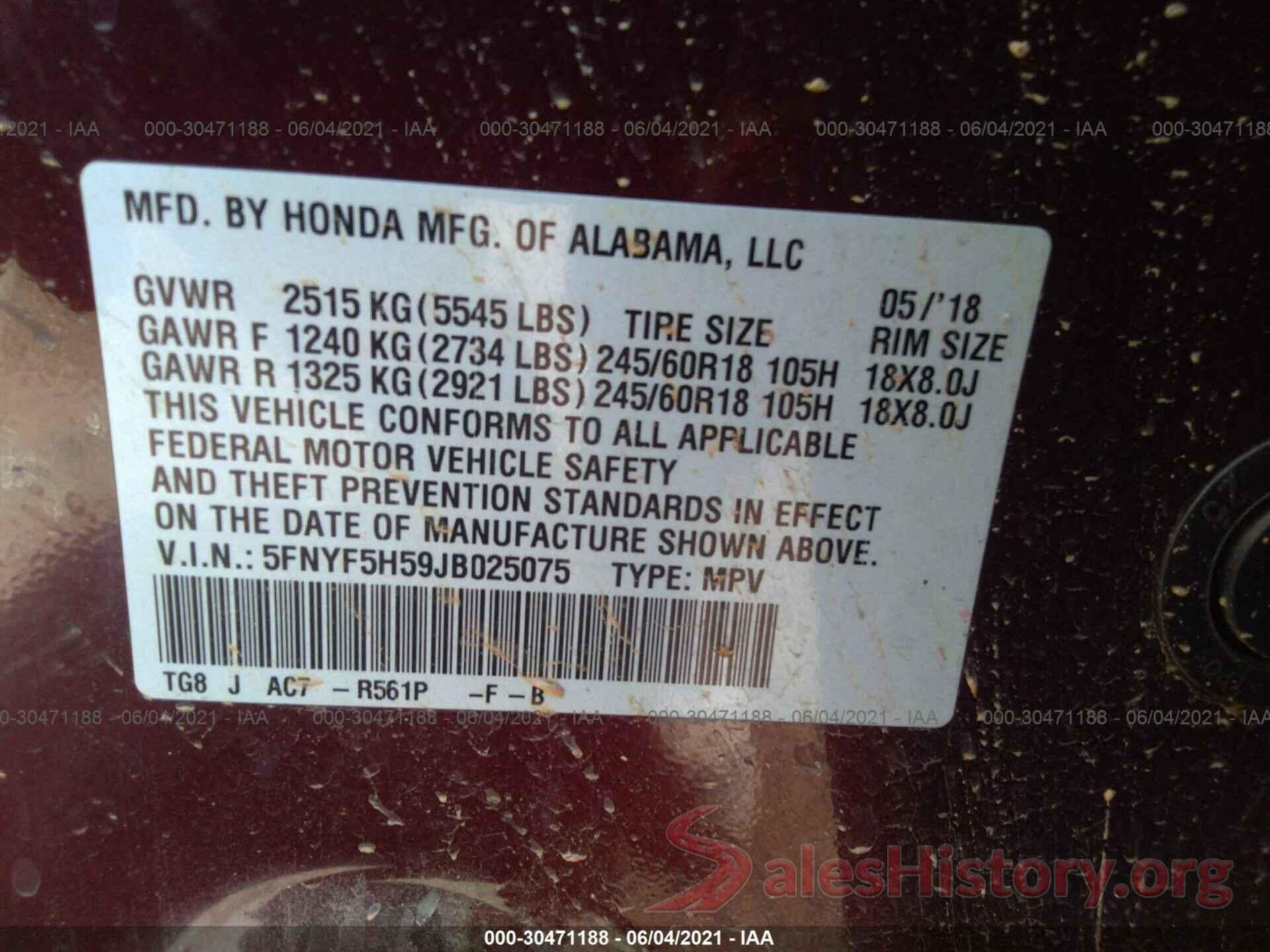 5FNYF5H59JB025075 2018 HONDA PILOT