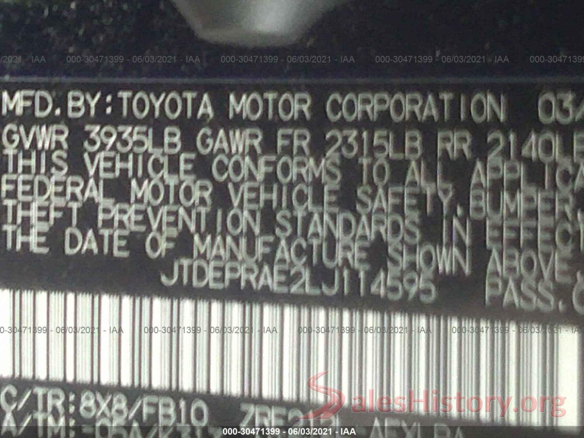 JTDEPRAE2LJ114595 2020 TOYOTA COROLLA