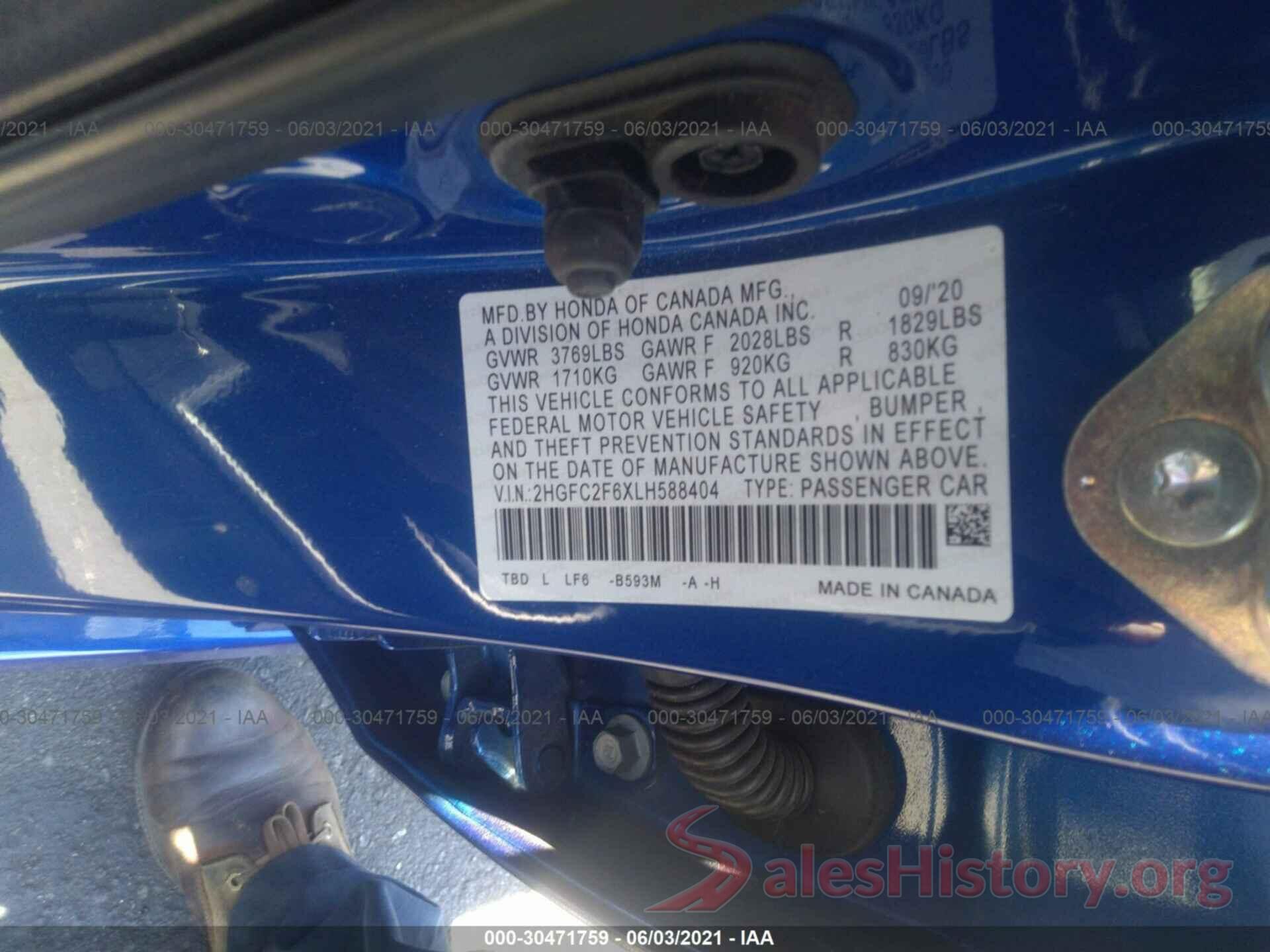 2HGFC2F6XLH588404 2020 HONDA CIVIC SEDAN