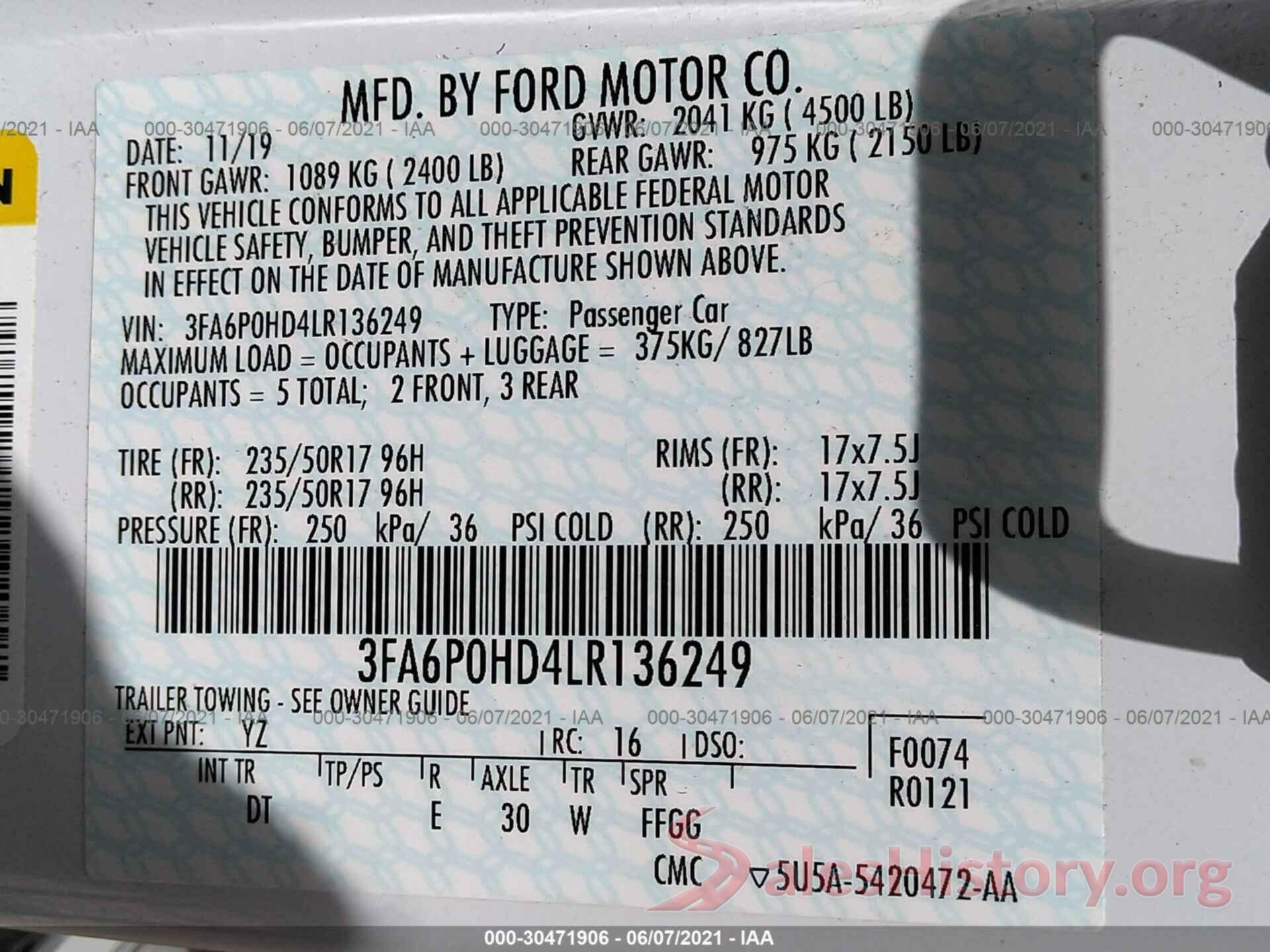 3FA6P0HD4LR136249 2020 FORD FUSION