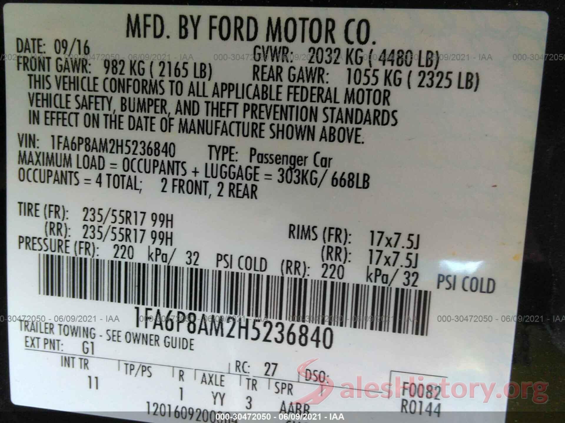 1FA6P8AM2H5236840 2017 FORD MUSTANG