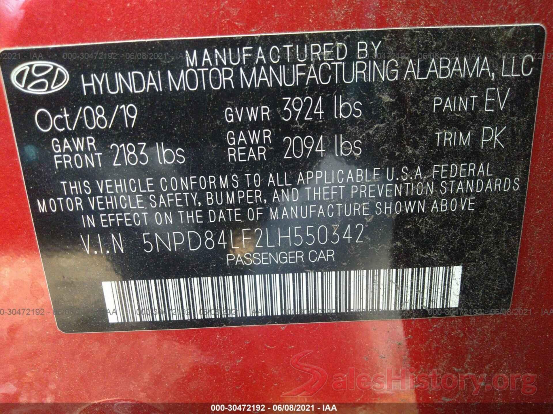 5NPD84LF2LH550342 2020 HYUNDAI ELANTRA