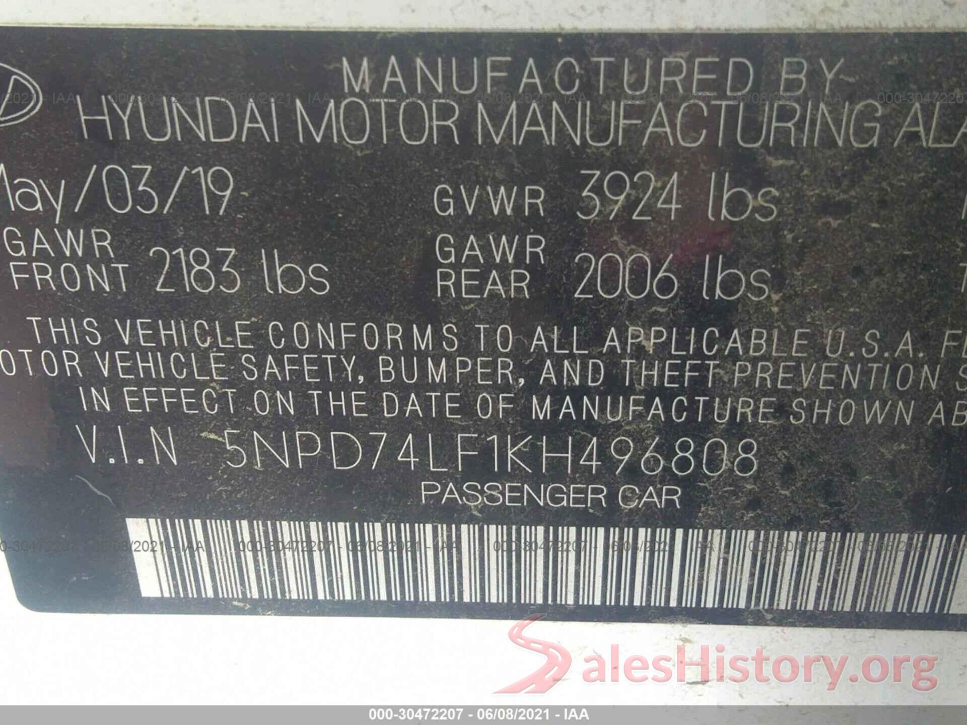 5NPD74LF1KH496808 2019 HYUNDAI ELANTRA