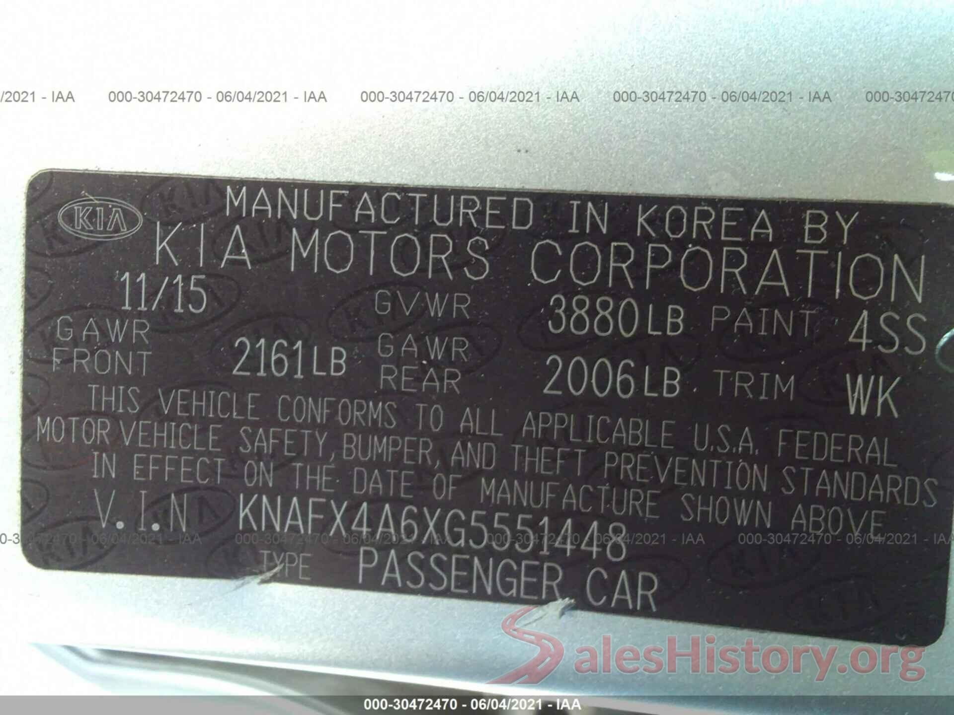 KNAFX4A6XG5551448 2016 KIA FORTE