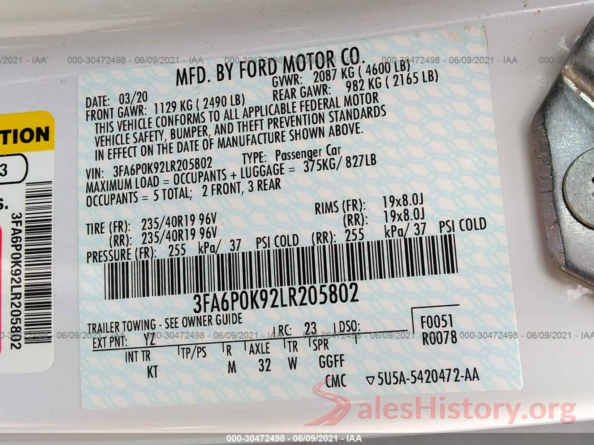 3FA6P0K92LR205802 2020 FORD FUSION