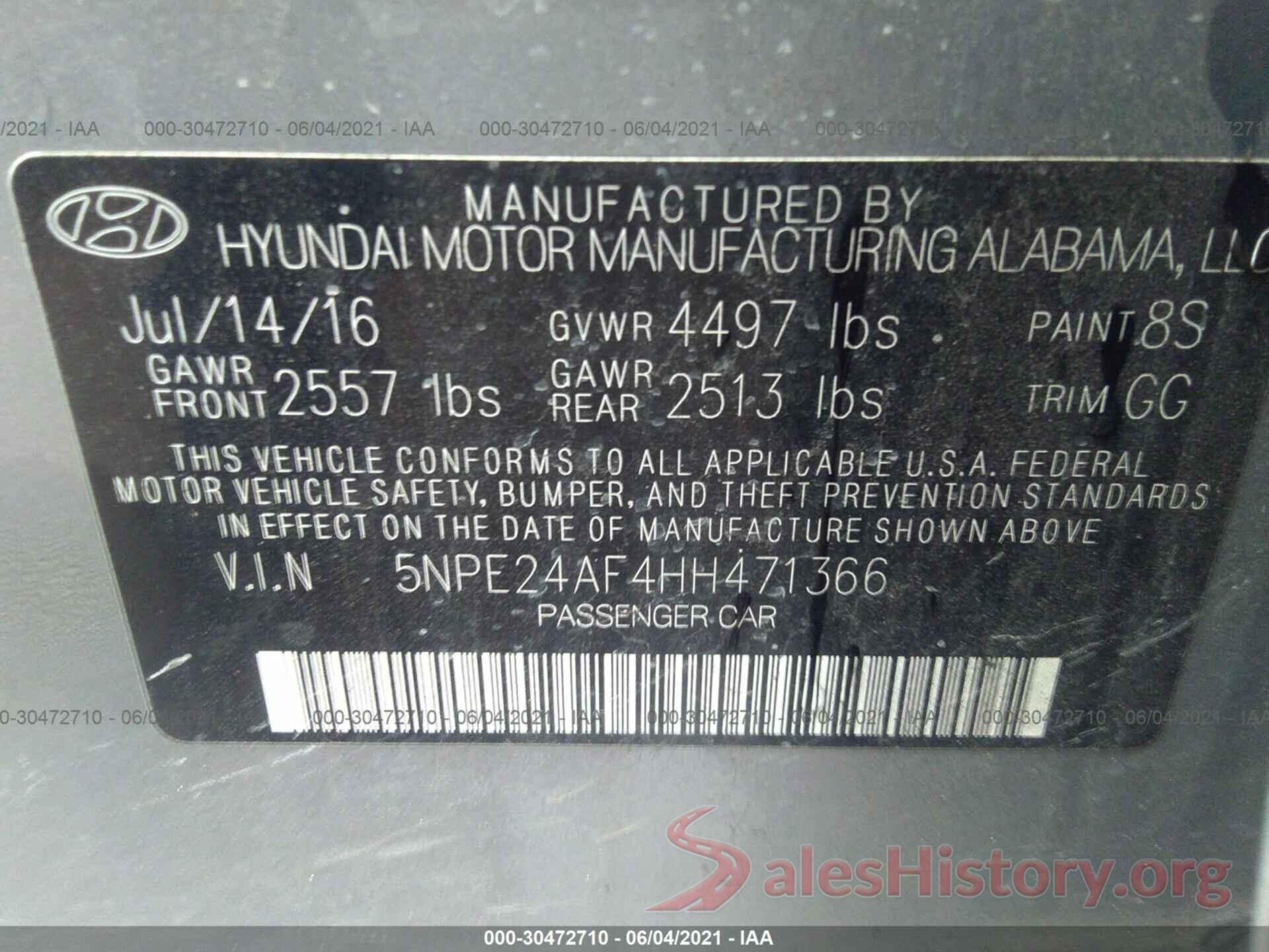 5NPE24AF4HH471366 2017 HYUNDAI SONATA