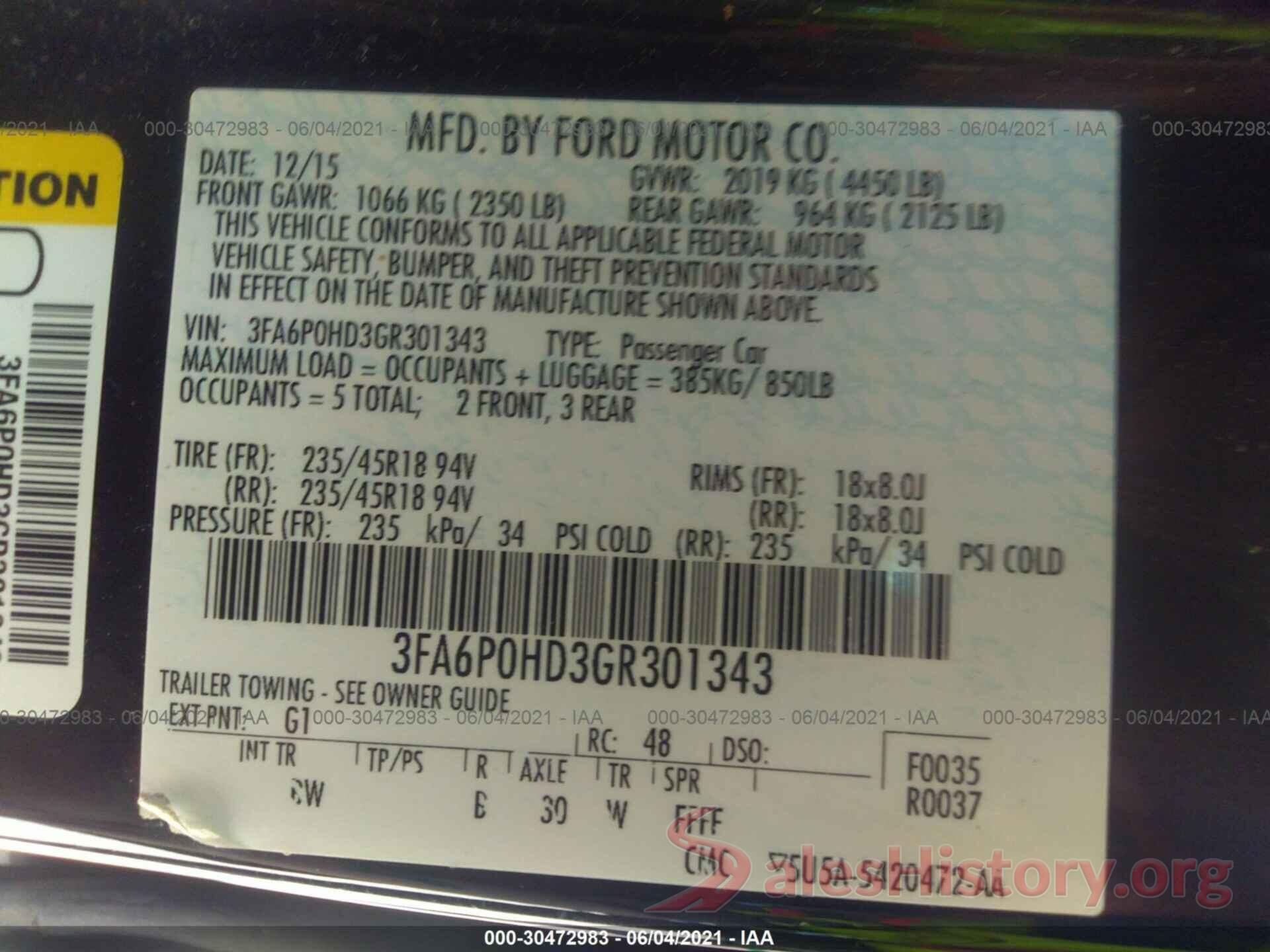 3FA6P0HD3GR301343 2016 FORD FUSION