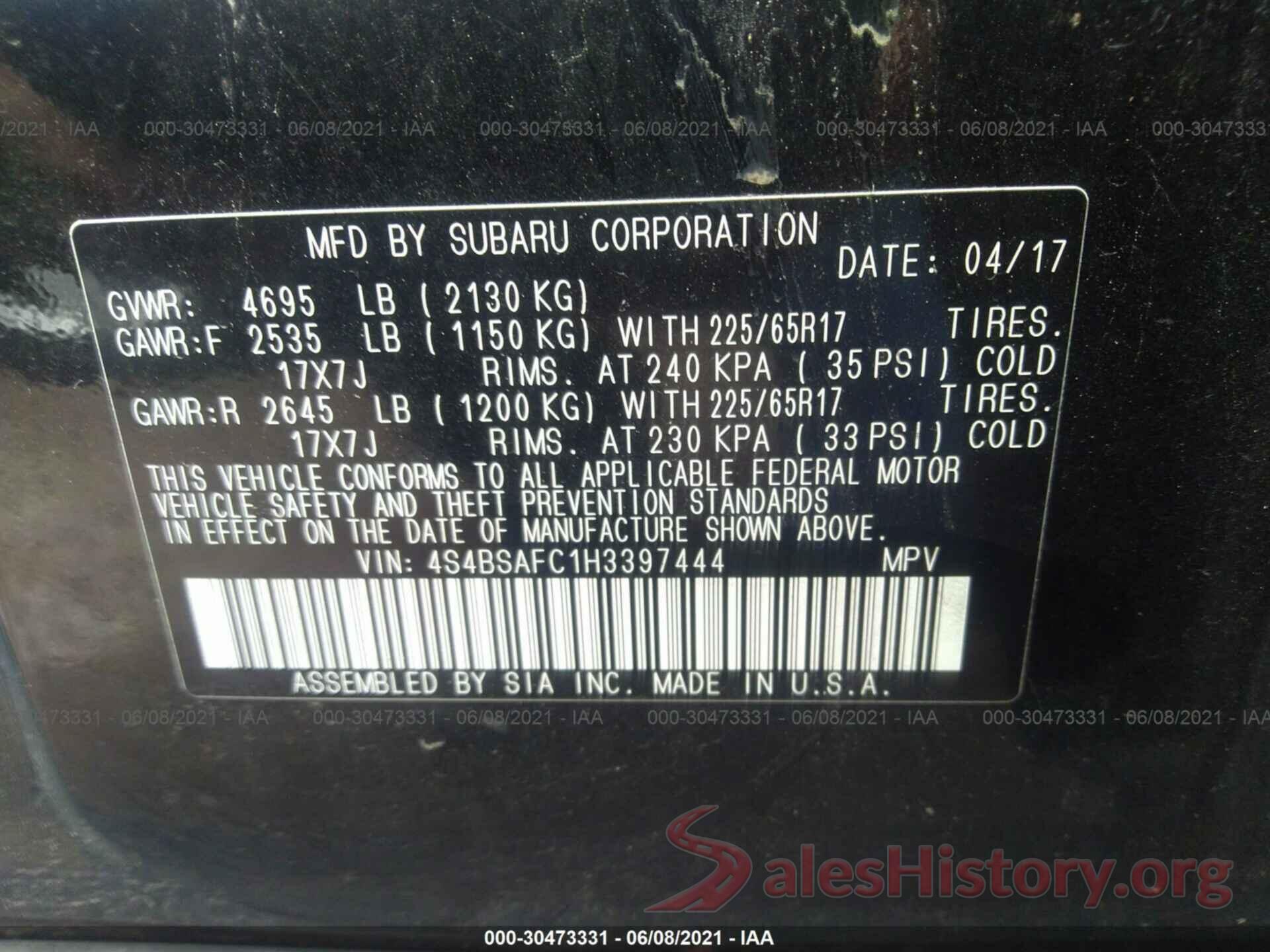 4S4BSAFC1H3397444 2017 SUBARU OUTBACK