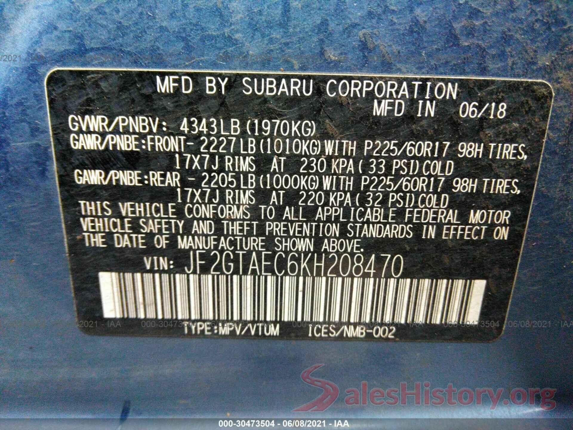 JF2GTAEC6KH208470 2019 SUBARU CROSSTREK