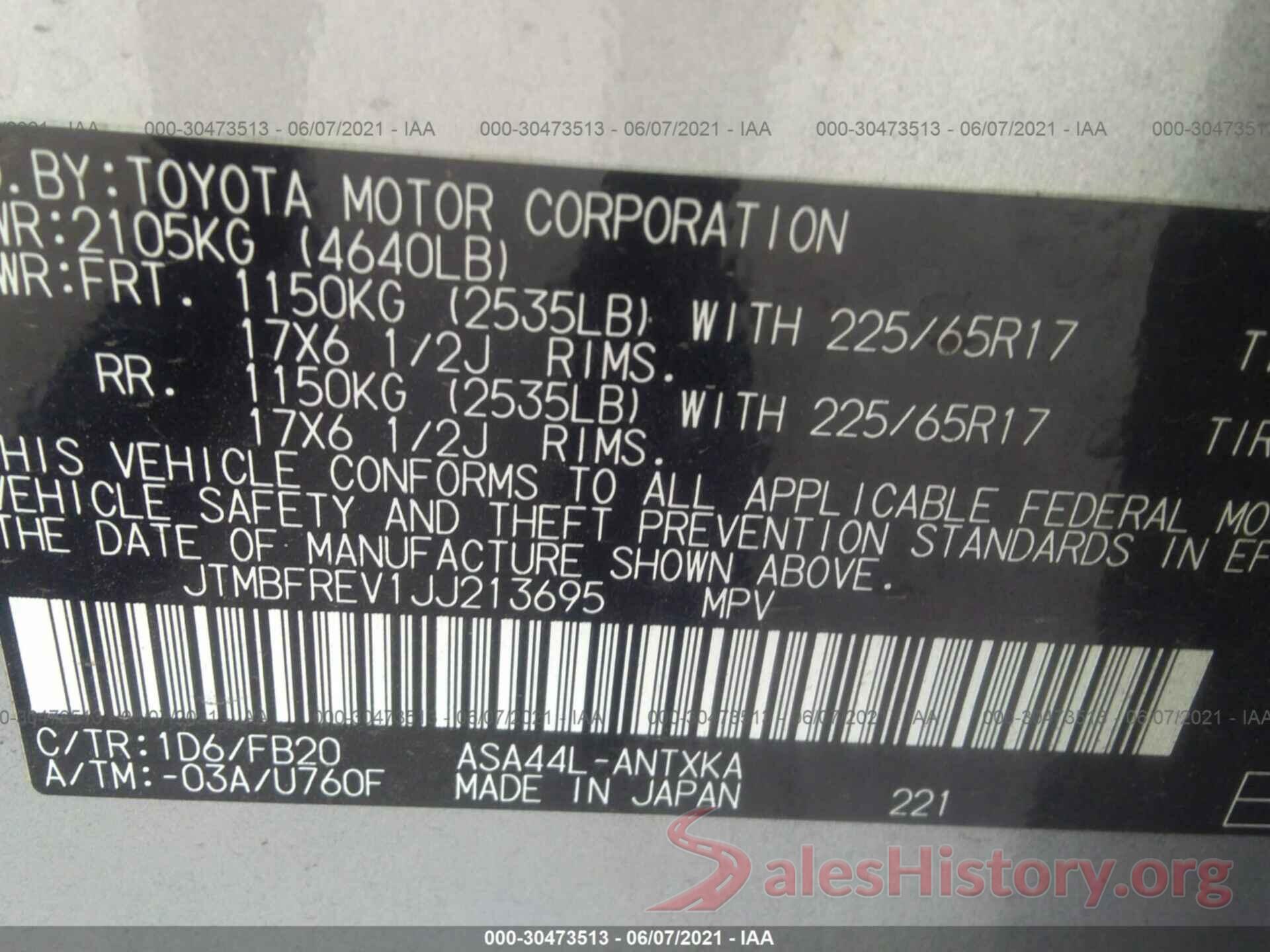 JTMBFREV1JJ213695 2018 TOYOTA RAV4