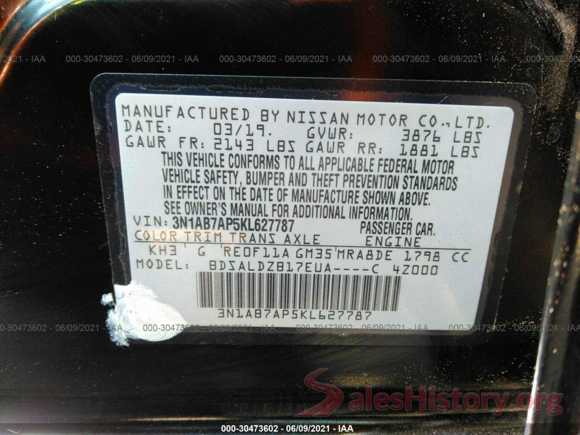 3N1AB7AP5KL627787 2019 NISSAN SENTRA