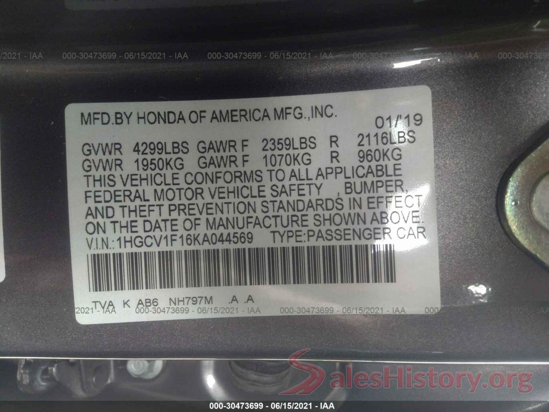 1HGCV1F16KA044569 2019 HONDA ACCORD SEDAN